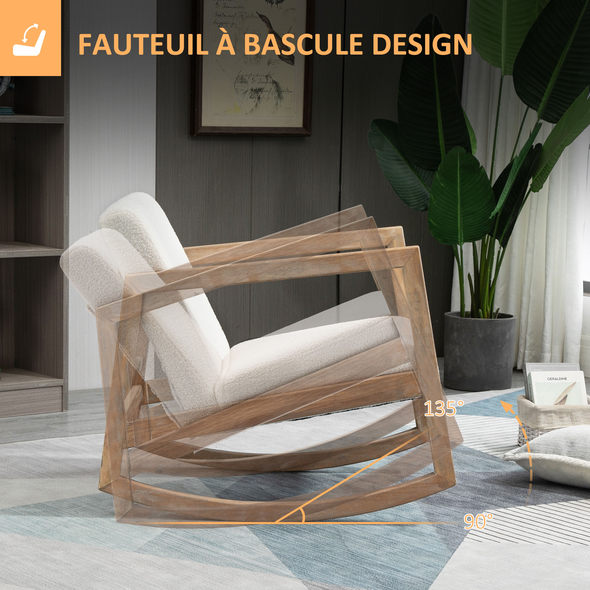 Fauteuil à Bascule Scandinave Alice's Home - Bois Et Tissu Beige - Décoration Zen Pour Salon/Chambre
