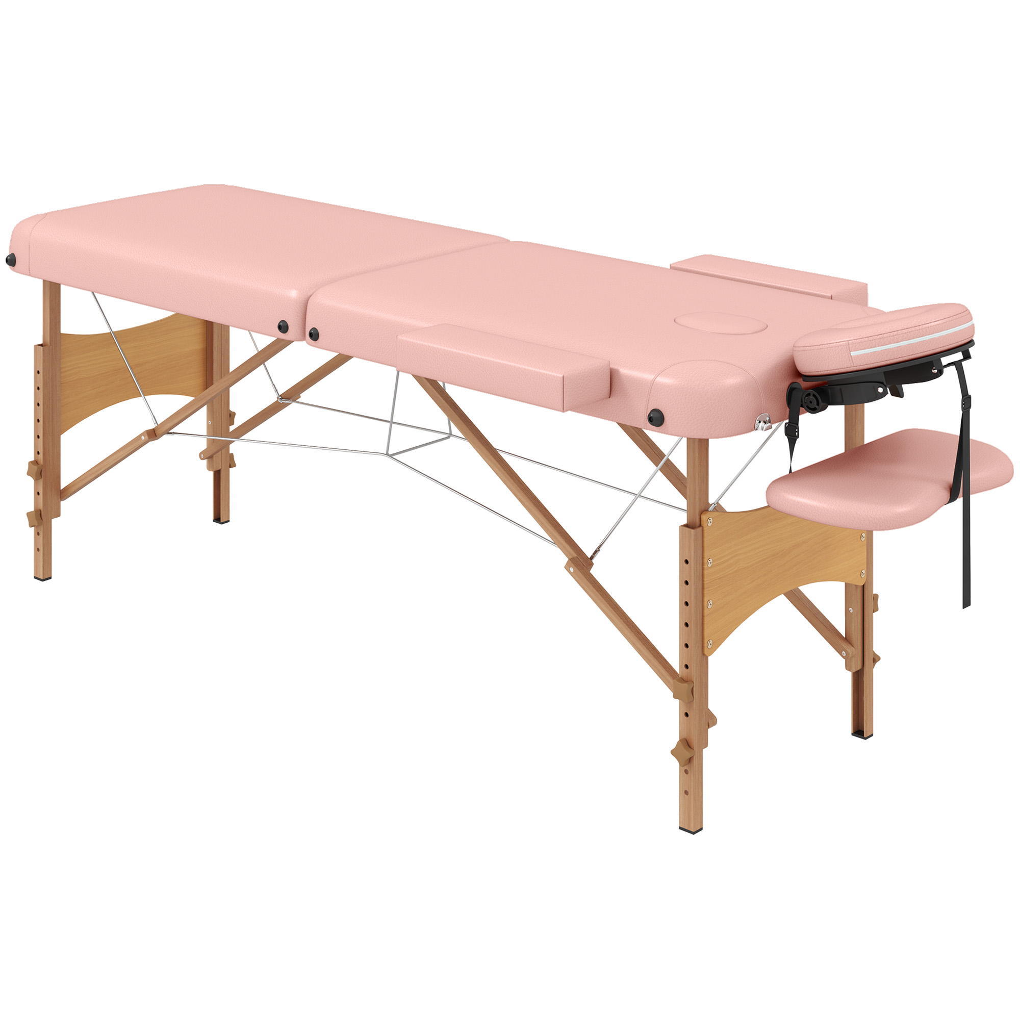 HOMCOM Camilla de Masaje Plegable con Reposacabezas Extraíble Asa Marco de Madera y Altura Regulable 185x60x64-88 cm Rosa