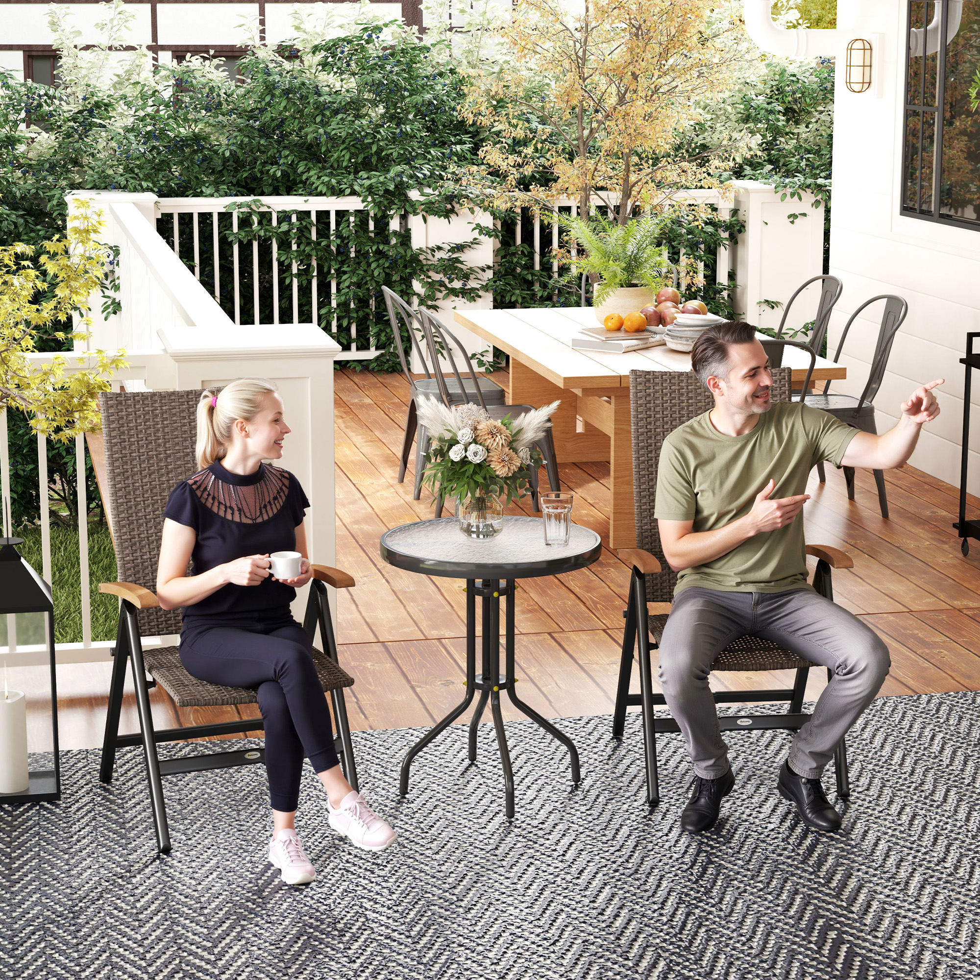 Outsunny 2 Pieces Folding Rattan Garden Dining Chairs with 5-level Reclining High Back, Wood Armrests for Outdoor - Brown