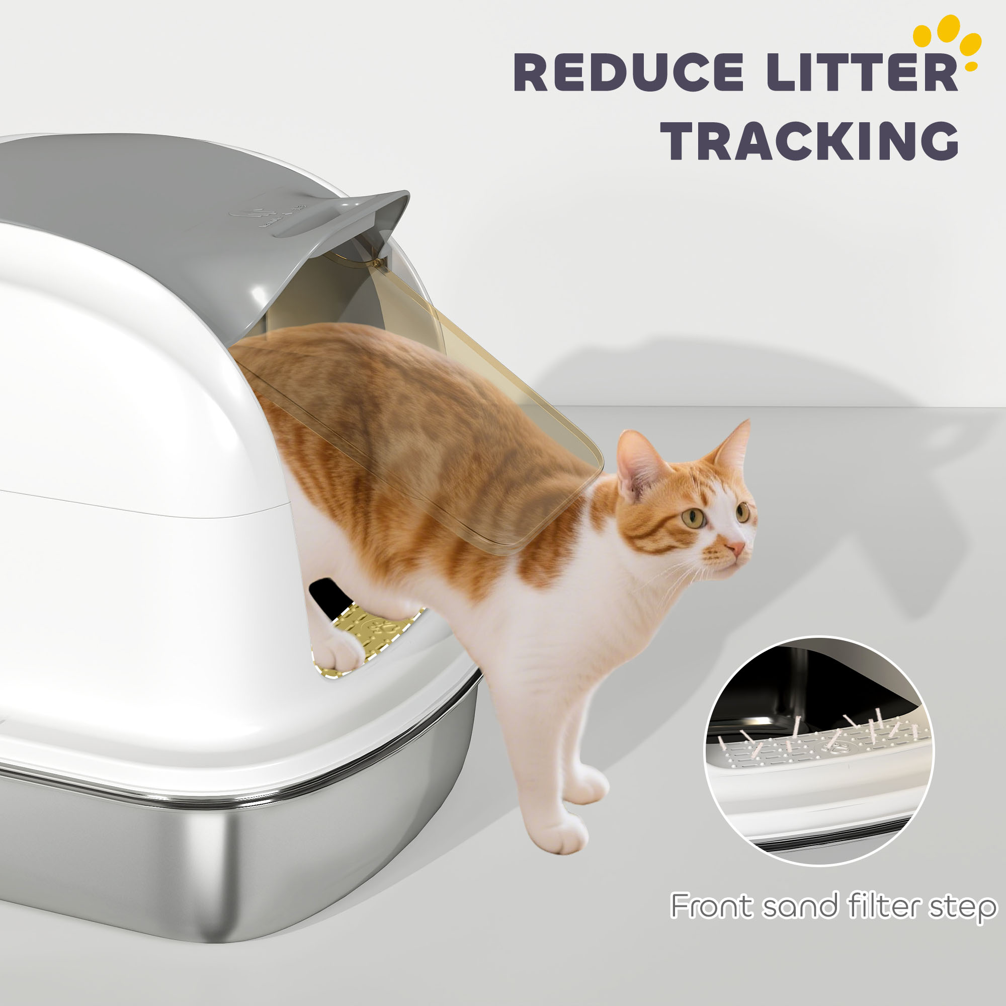 PawHut Lettiera Per Gatti XL In Acciaio Inox, Chiusa E Deodorante, Con Coperchio Ribaltabile, Paletta E Filtro Anti-sabbia, Per Gatti Fino A 7 Kg, Grigio Chiaro
