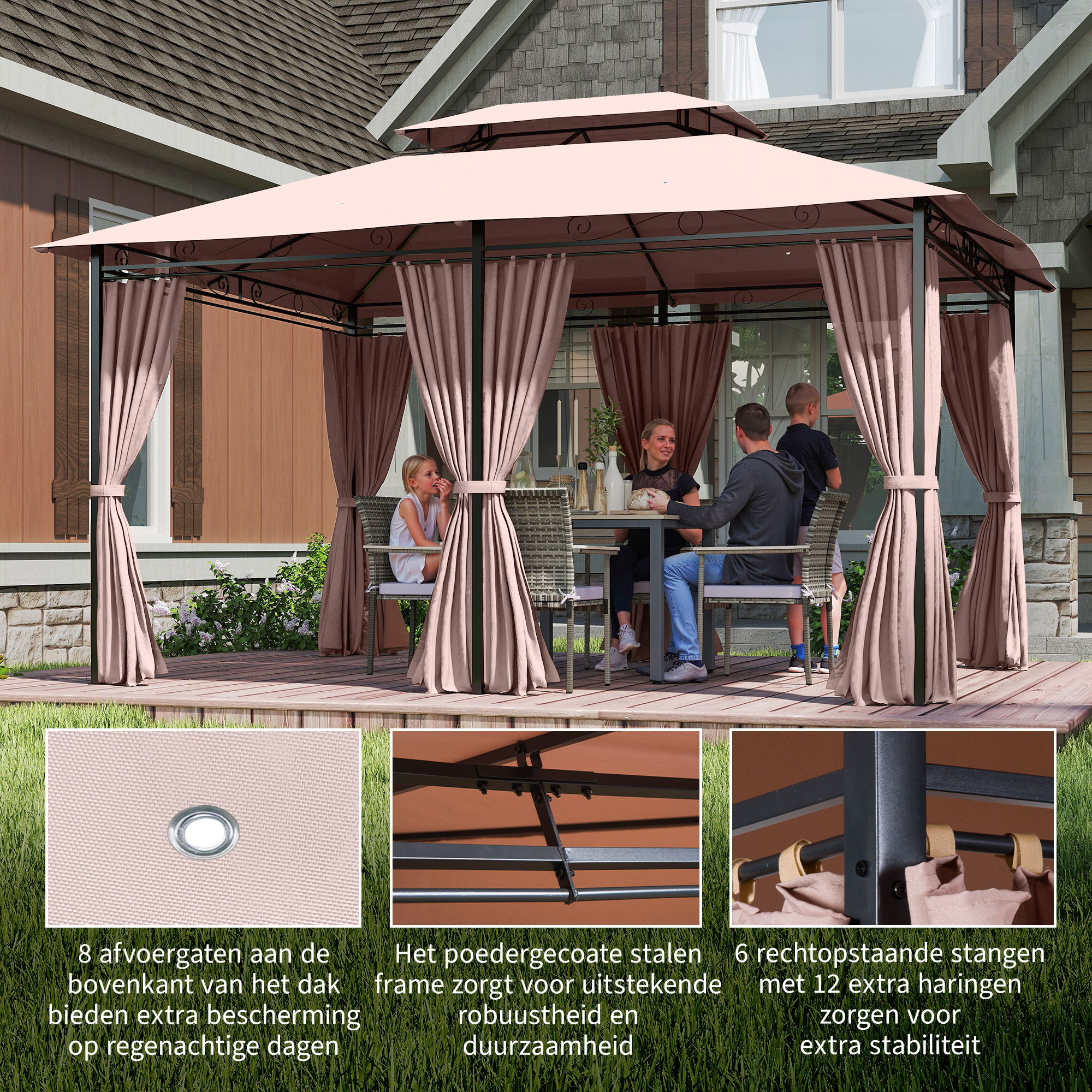 Outsunny paviljoen partytent tent tuintent feesttent tent 6-hoekig, polyester metaal, blauw/crème, 390x390x245 cm (crème