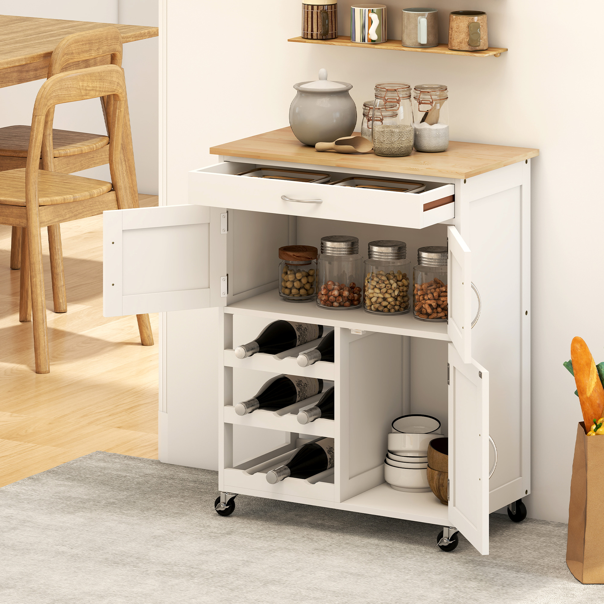 Chariot De Service HOMCOM Desserte Cuisine à Roulettes Avec Plateau Pliable, Tiroir Et Armoire - Blanc 59,5L X 45,5l X 89H Cm