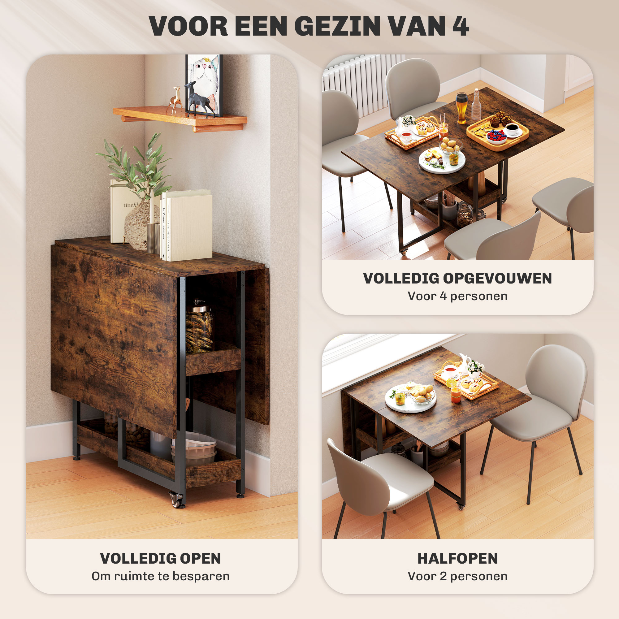 HOMCOM Klaptafel voor keuken, eetkamer, afneembaar, op wielen, 75 x 140 x 74 cm, 2 geïntegreerde planken, kleur: zwart