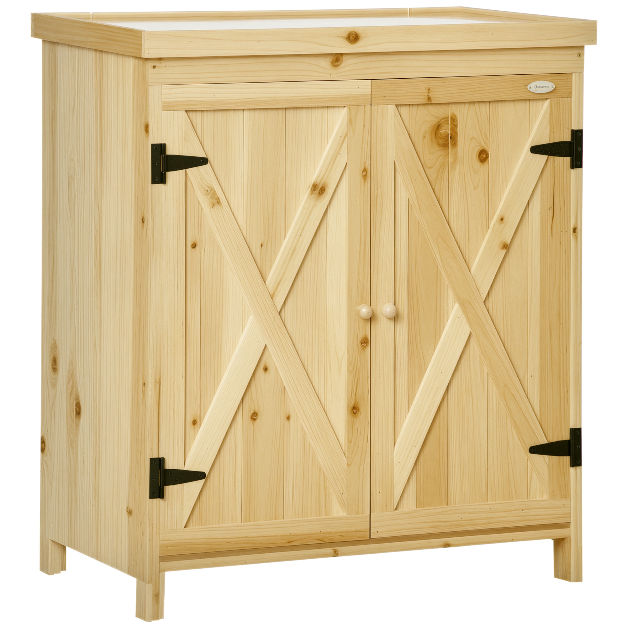 Armoire De Jardin Outsunny 80x45x92 Cm - Rangement Outils Bois Naturel Avec Plateau Métal Galvanisé Et Pieds Surélevés