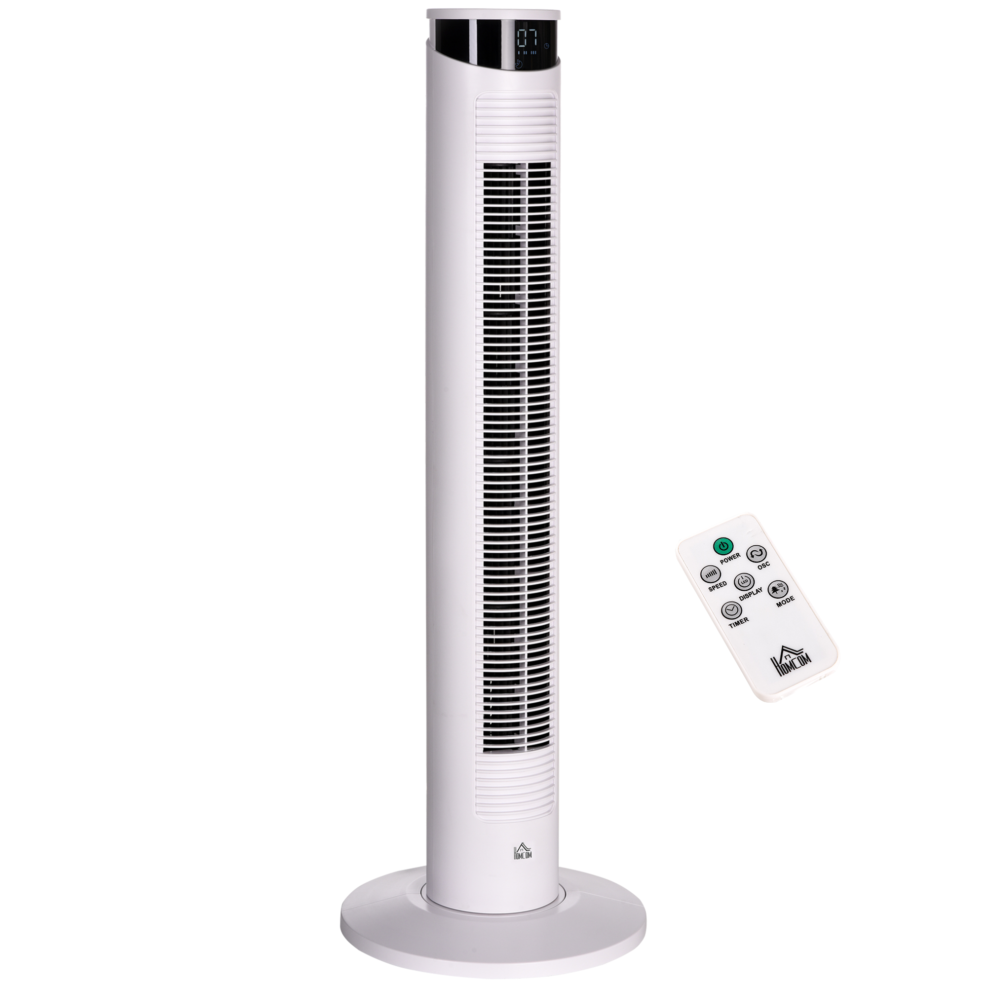 HOMCOM Ventilador de Torre Oscilante 45W con Control Remoto Temporizador de 12 h 3 Velocidades Pantalla LED Ø31,5x93 cm Blanco   Aosom España
