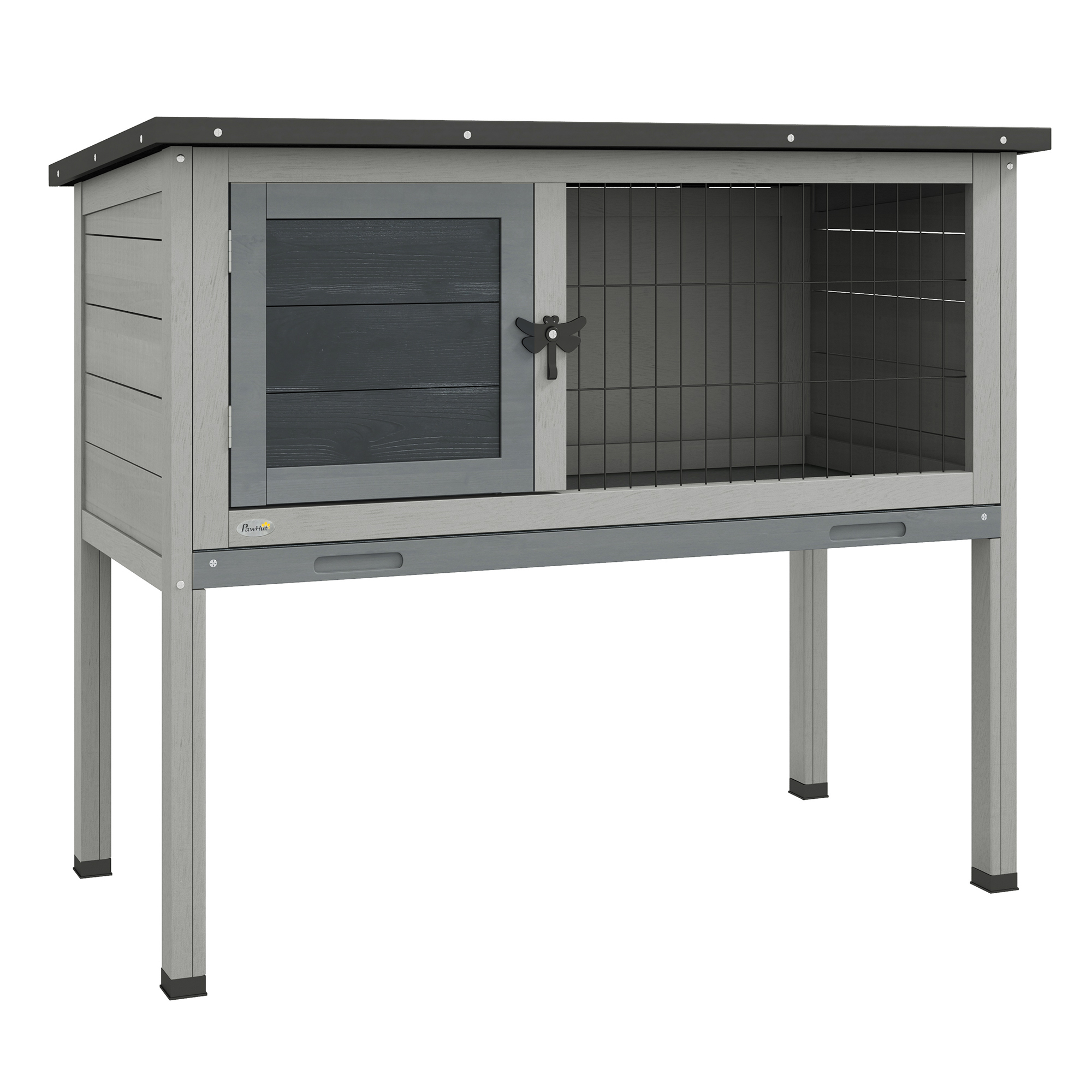 PawHut Wooden Guinea Pig Hutch, Small Animal Cage with Slide-out Tray, Openable Asphalt Roof, 84 x 43 x 70cm, Brown