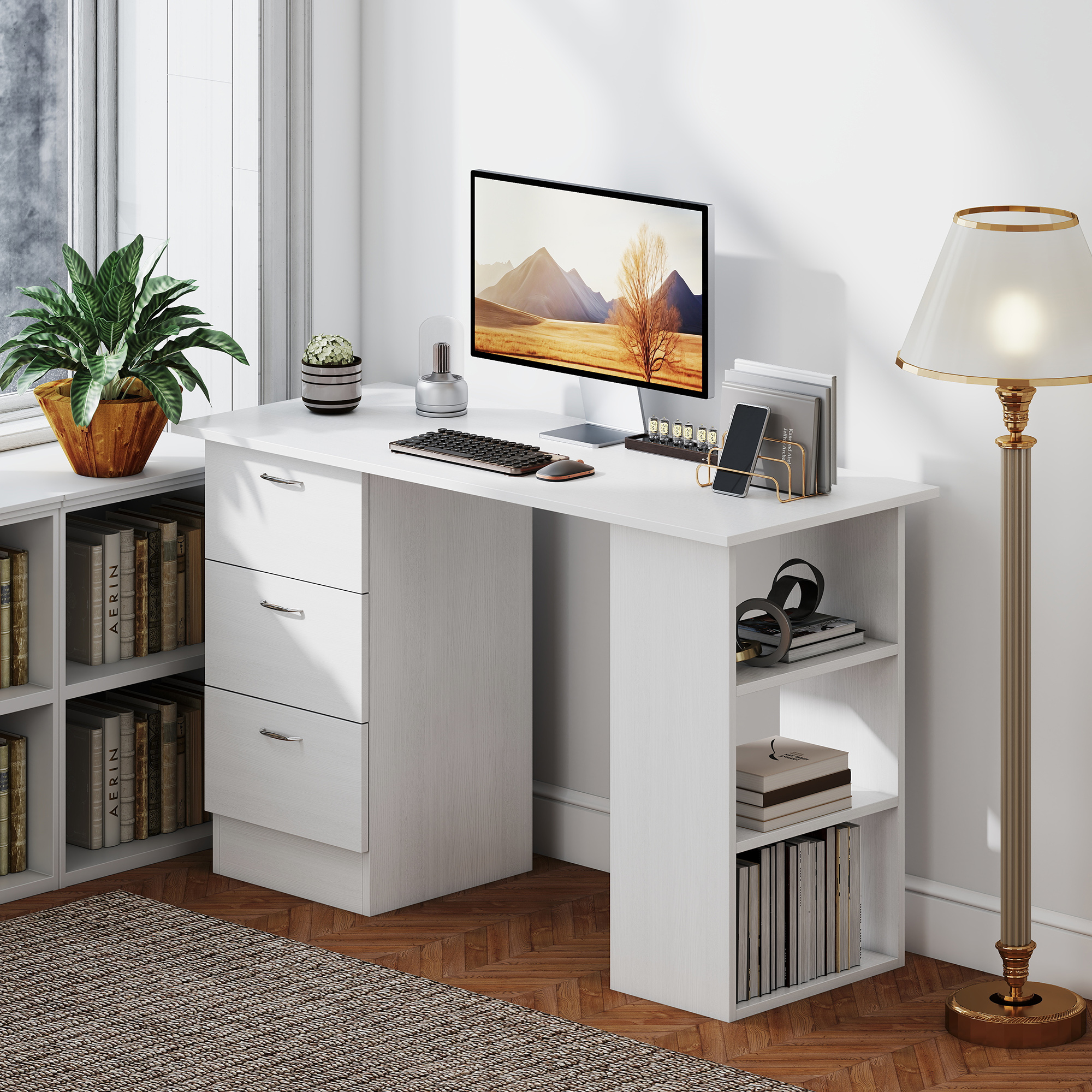 HOMCOM Computer Desk, Writing Table, PC Workstation with 3 Storage Shelves and Drawers, Silver Handle, for Home Office, White 2