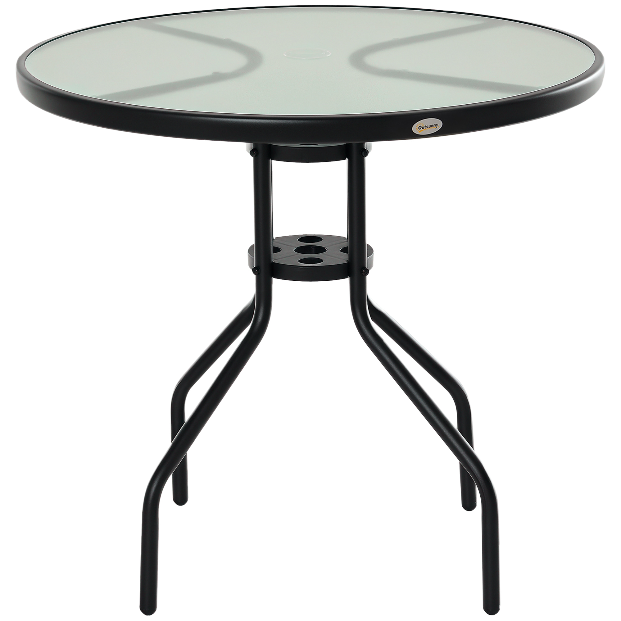 Outsunny Mesa de Jardín Redonda Mesa Comedor de Cristal Templado con Agujero para Sombrilla y Estructura Metálica Ø80x72 cm Negro | Aosom España