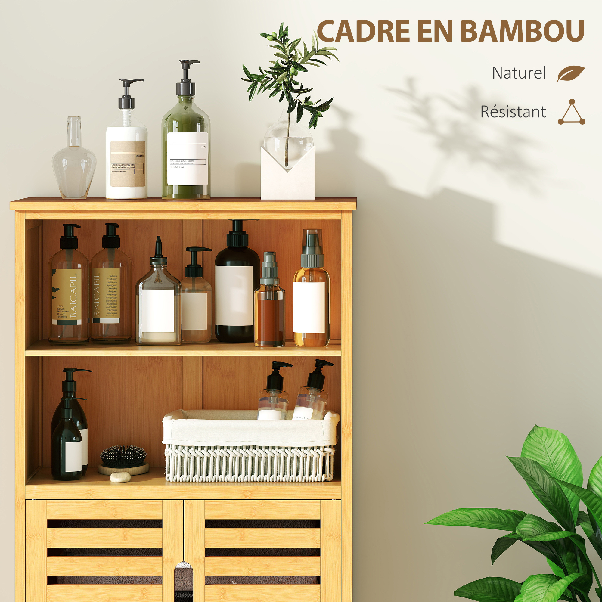 Kleankin Meuble Salle De Bain En Bambou, Armoire Salle De Bain Sur Pied