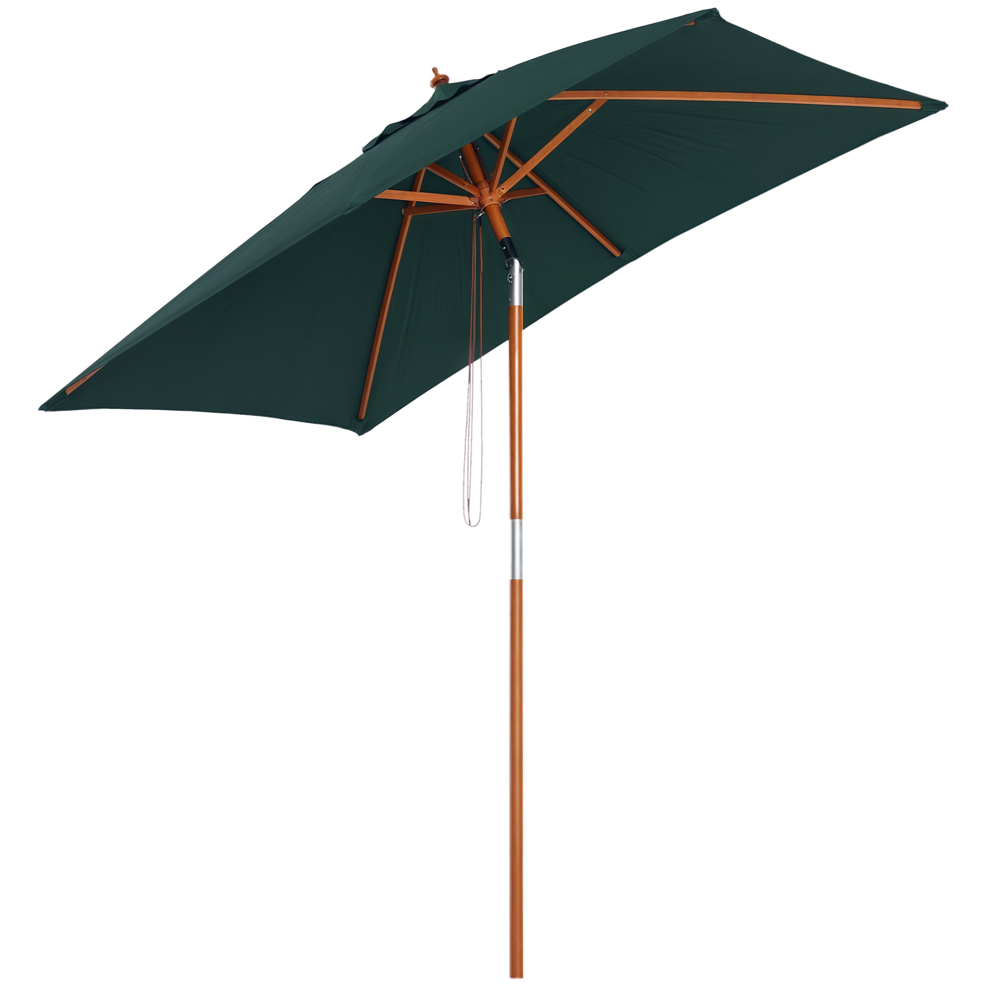 Image of Outsunny Ombrellone da Giardino Inclinabile 2x1.5m, 6 Stecche, Palo in Legno e Apertura a Corda, Verde Aosom006