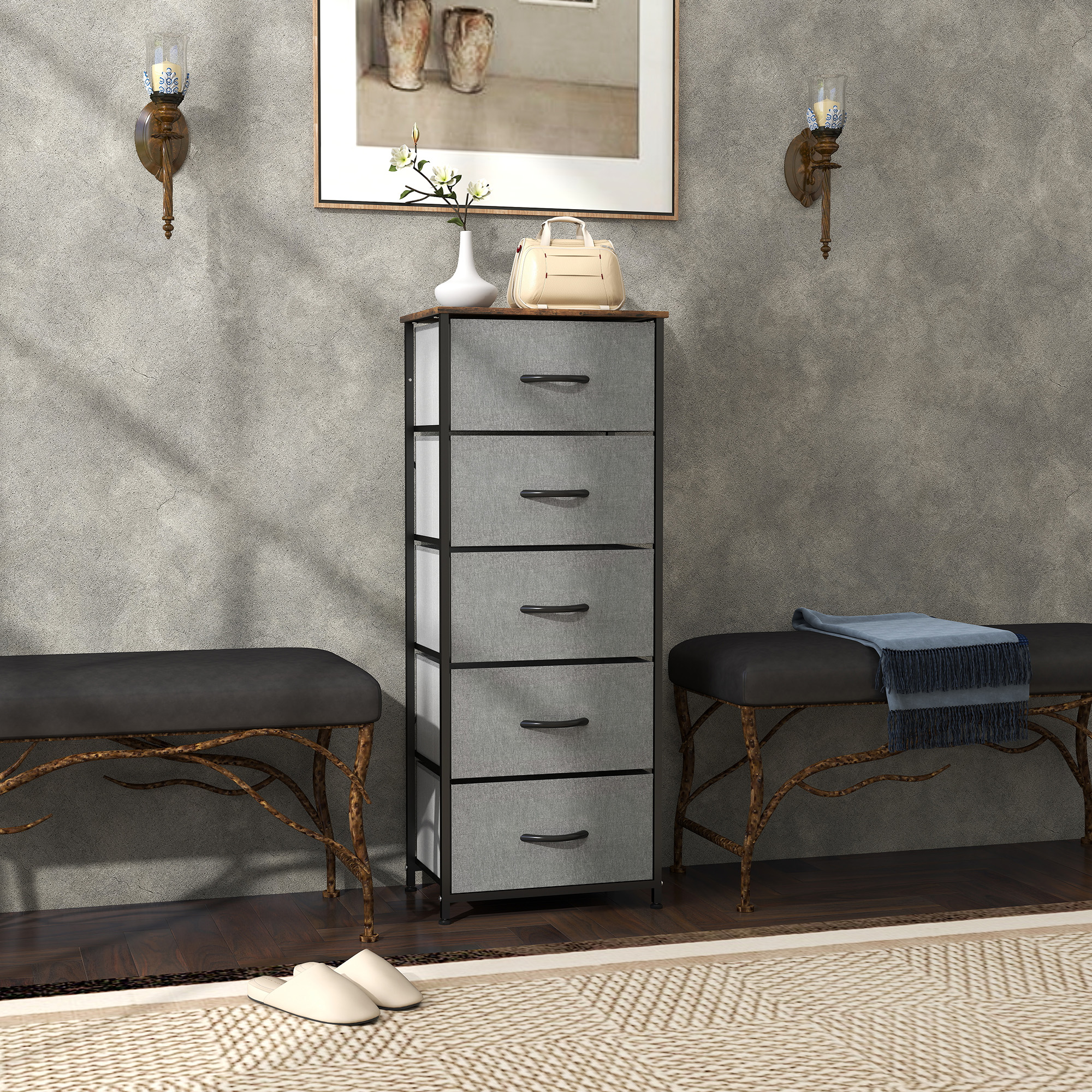 HOMCOM Fabric Chest of Drawers, Industrial Bedroom Dresser with 5 Fabric Drawers, Steel Frame and Wooden Top for Nursery, Living Room, Hallway, Rustic Brown and Grey