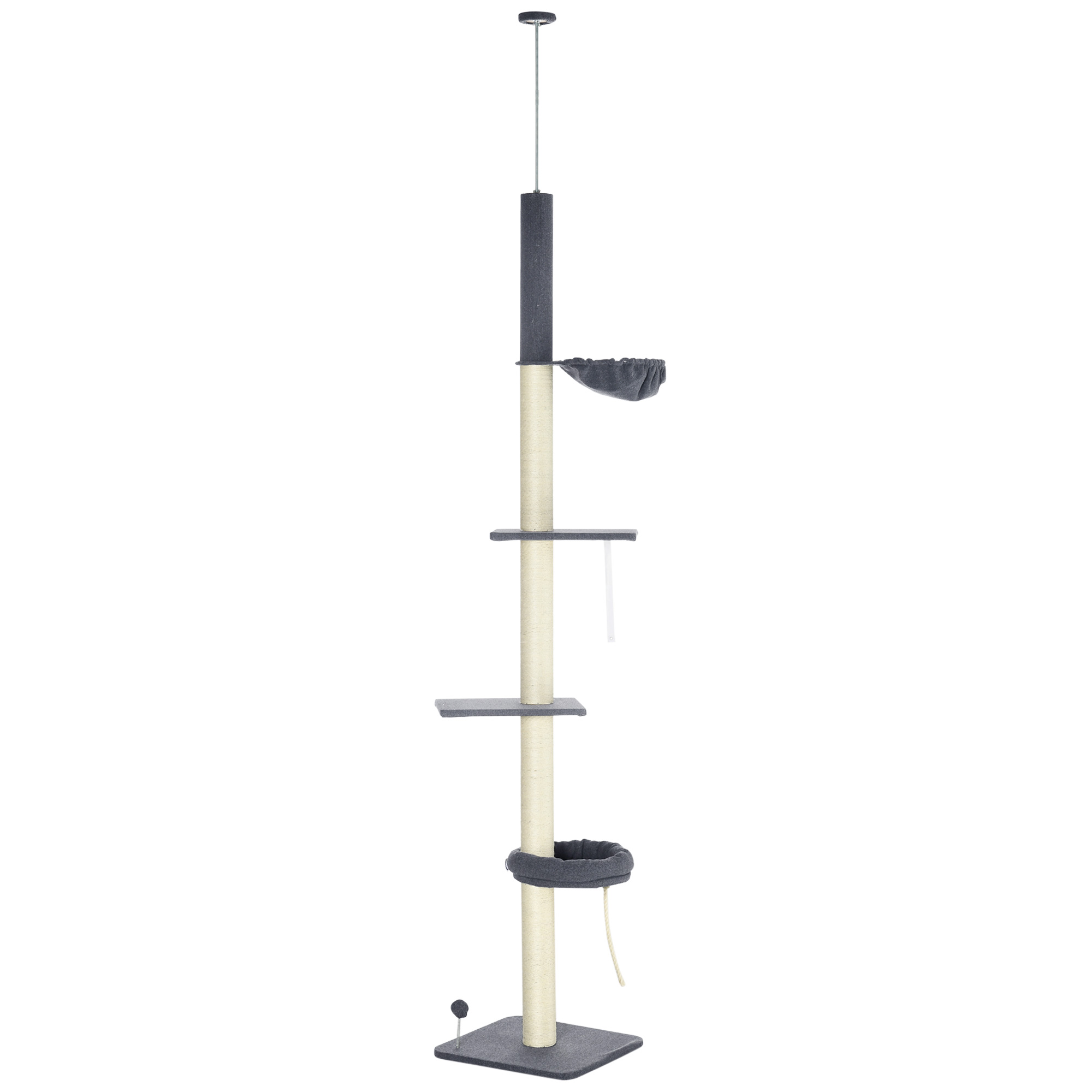 PawHut 242cm Adjustable Floor-To-Ceiling Cat Tree, with Artificial Decoration, Perches, Anti-Slip Kit - Green