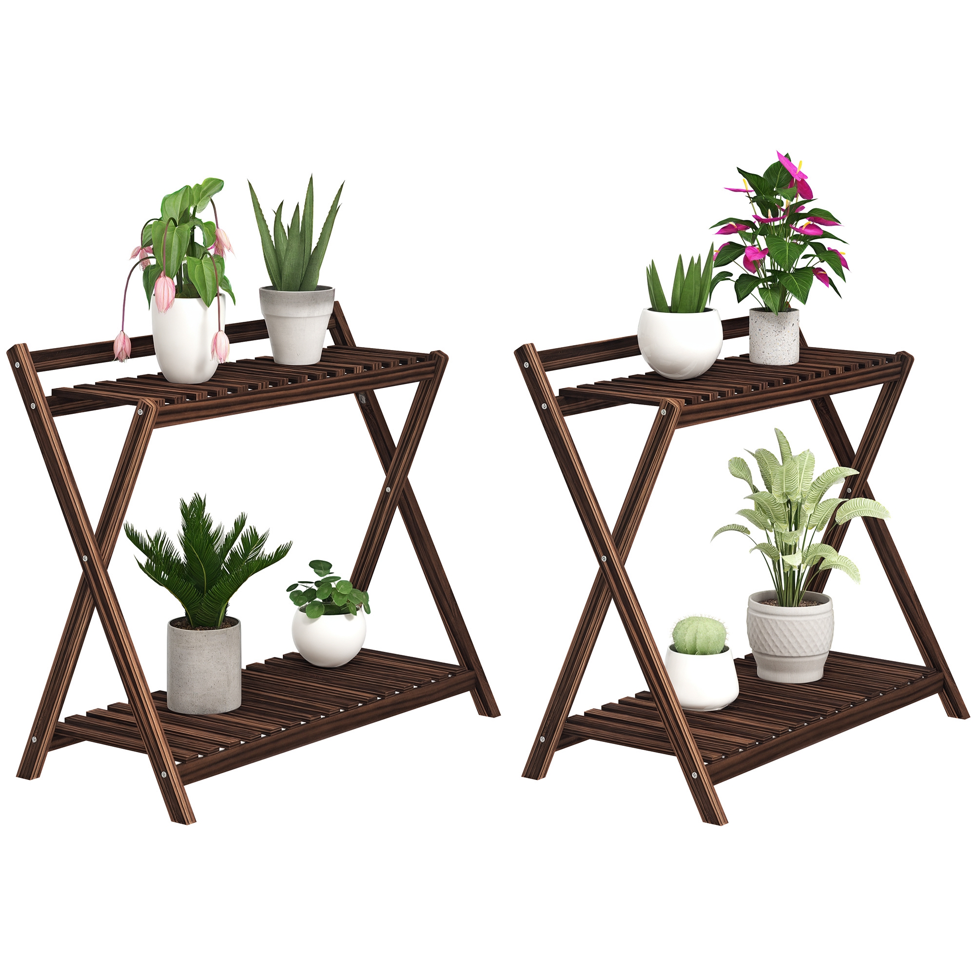 Image of Outsunny Set 2 Portapiante a 2 Livelli con Design a Doghe in Legno di Abete, 73x36x64 cm, Marrone Bruciato006