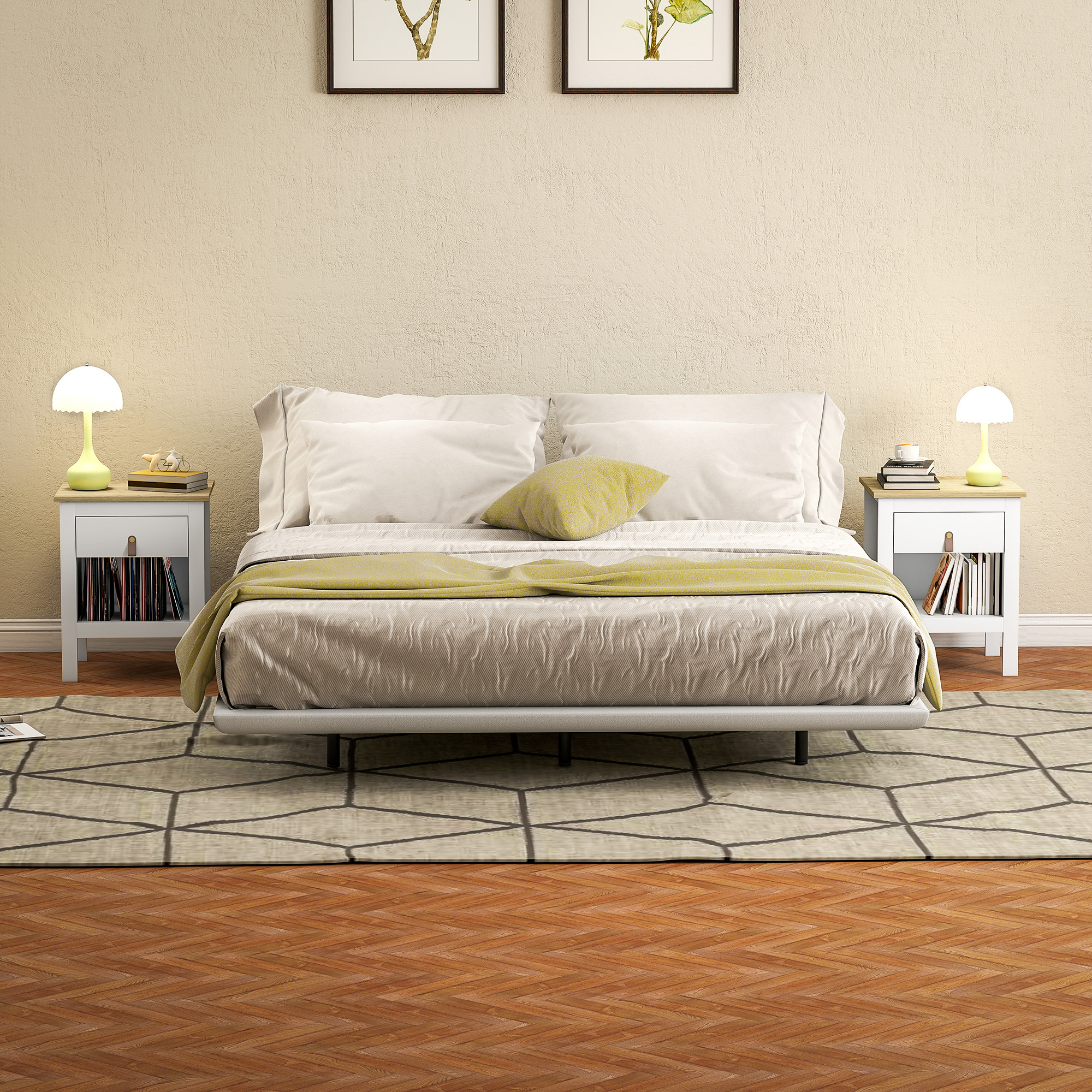  Set 2 Noptiere cu Sertar si Raft Deschis din Lemn, 45x40x55 cm, Alb si Stejar [6]