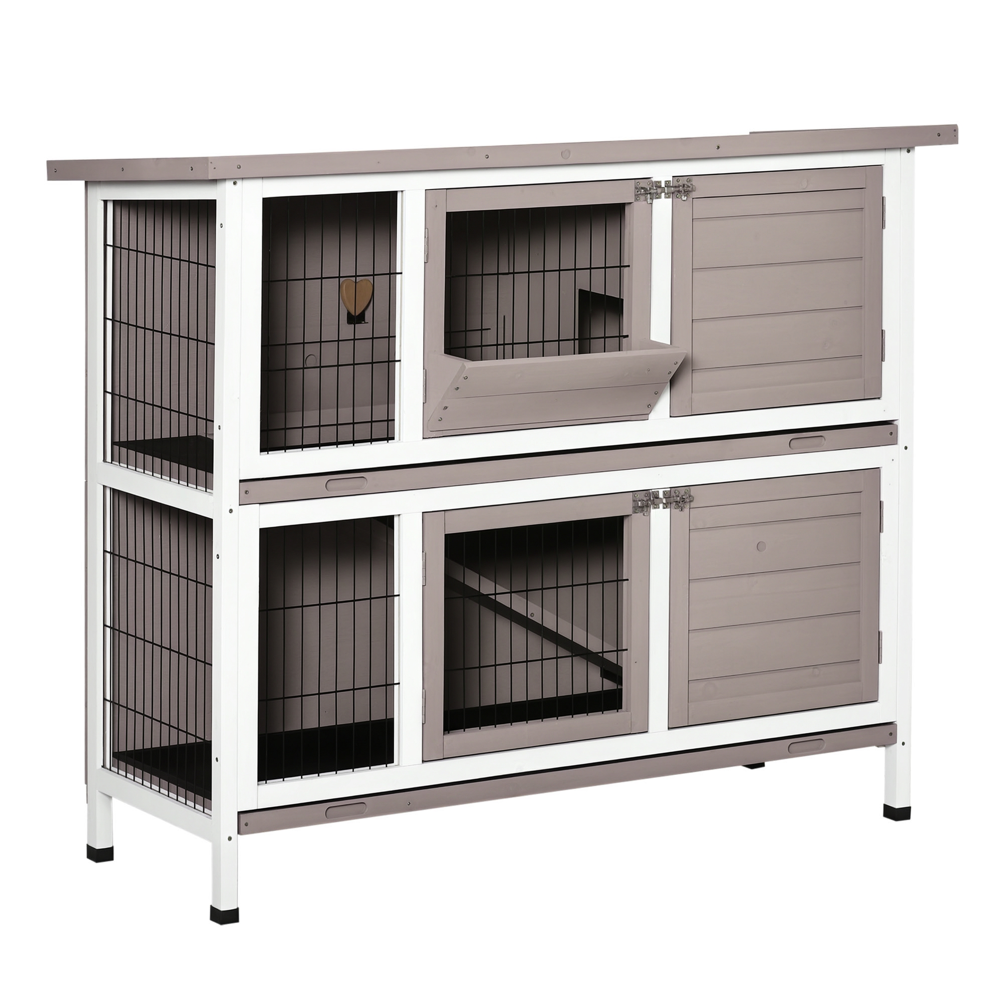 PawHut Clapiers Cage lapin en bois massif 2 niveaux toit ouvrant avec auge plateaux coulisants 4 portes 122 x 50 x 101 cm gris blanc Aosom France