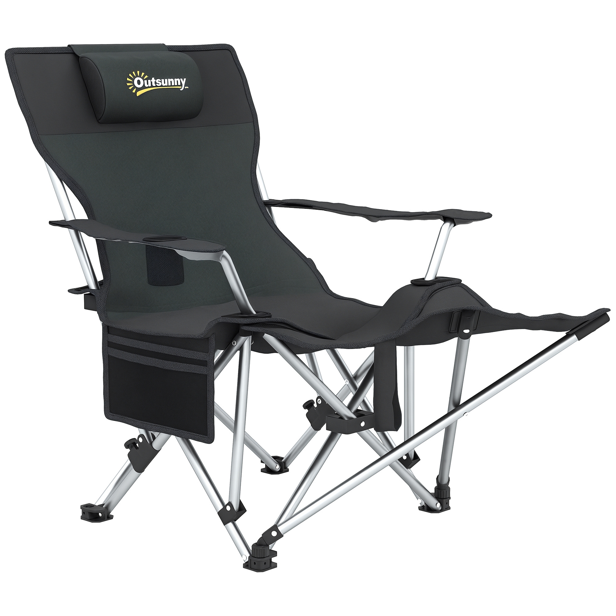 Outsunny Scaun de Camping Pliabil și Rabatabil cu Suport pentru Picioare Detașabil și Tetieră, 82x50/100x88 cm, Negru | Aosom Romania