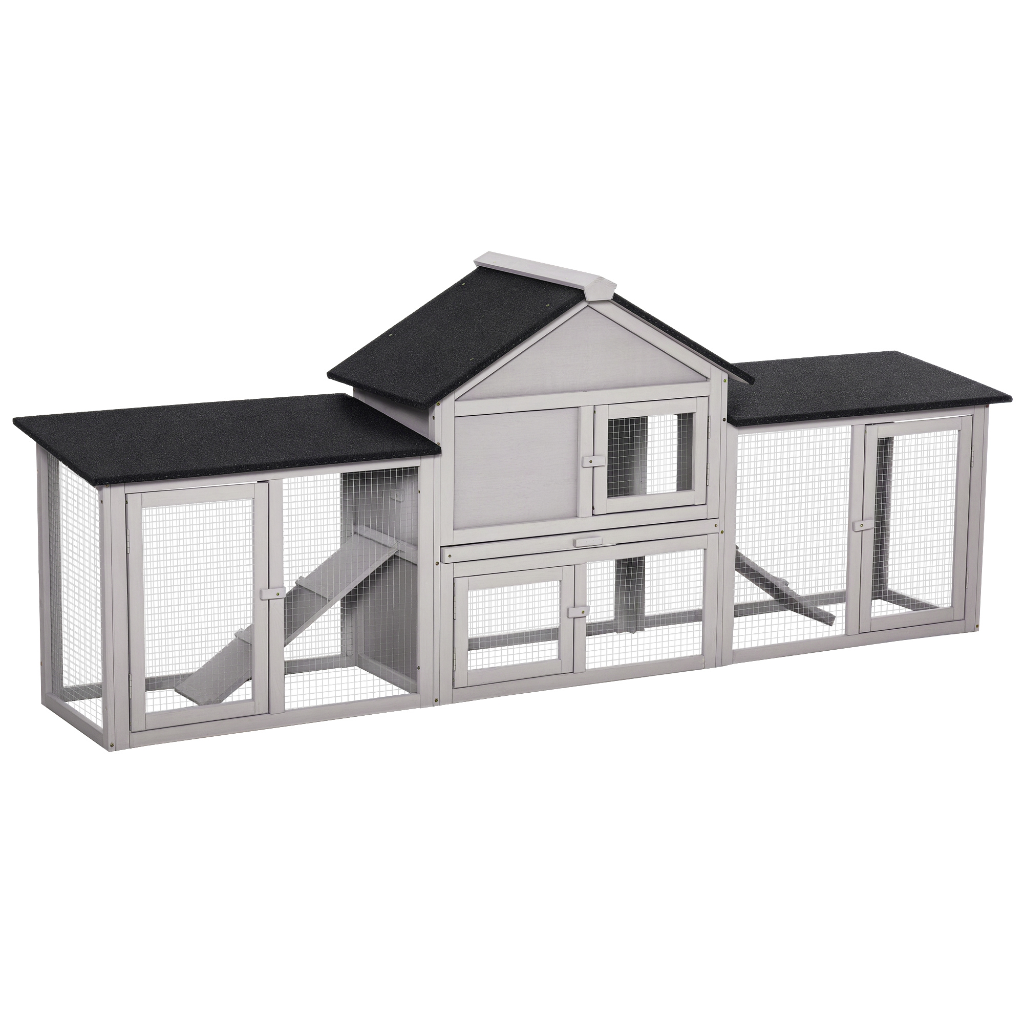 PawHut Conejera de Exterior Grande de Madera para 2-4 Conejos con Techo Asfáltico Recinto de Alambre 210x45,5x84,5 cm Gris y Negro | Aosom España