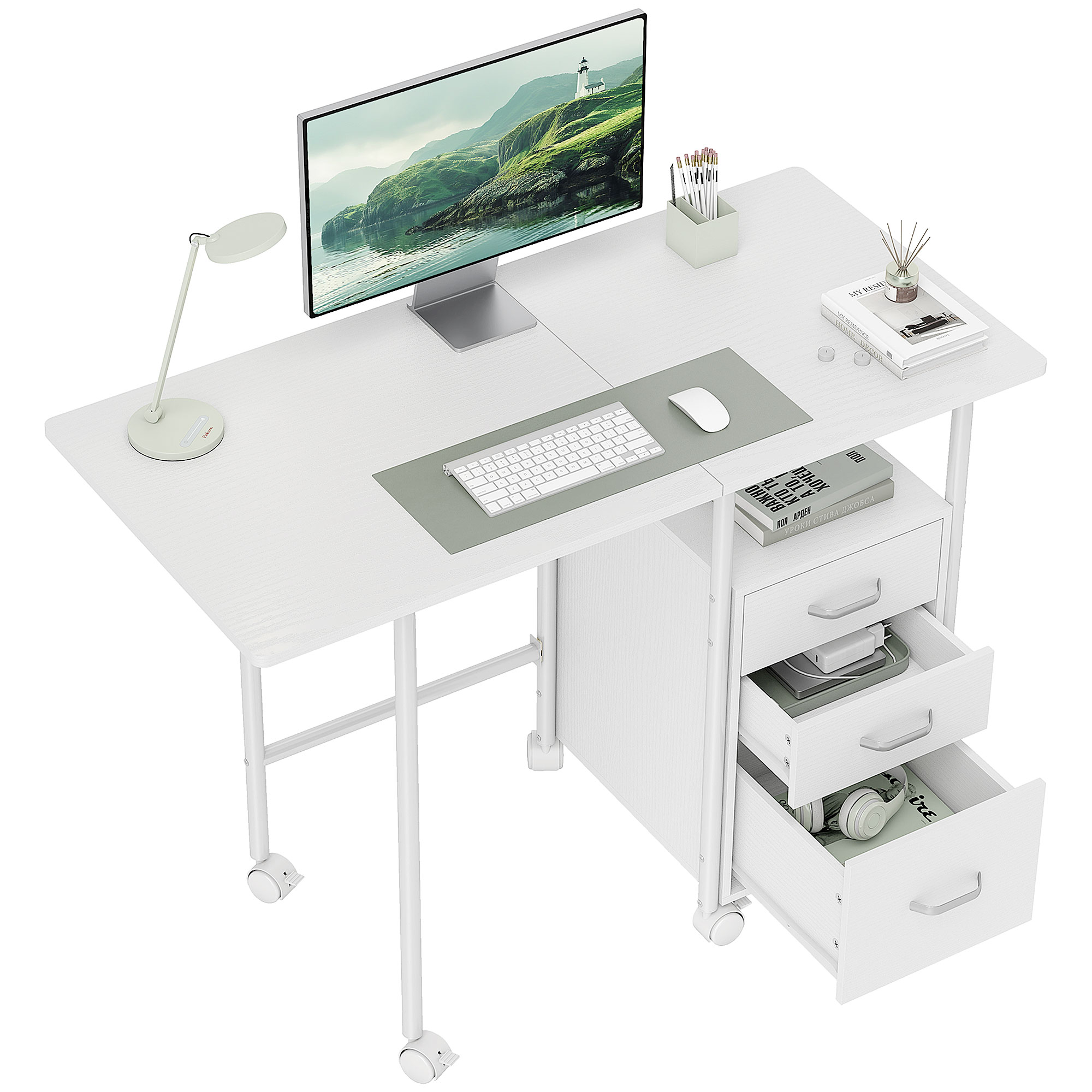 HOMCOM Bureau d'ordinateur pliable sur roulettes, bureau avec rangement, 3 tiroirs, plateau extensible, 105x51x75,5cm, blanc