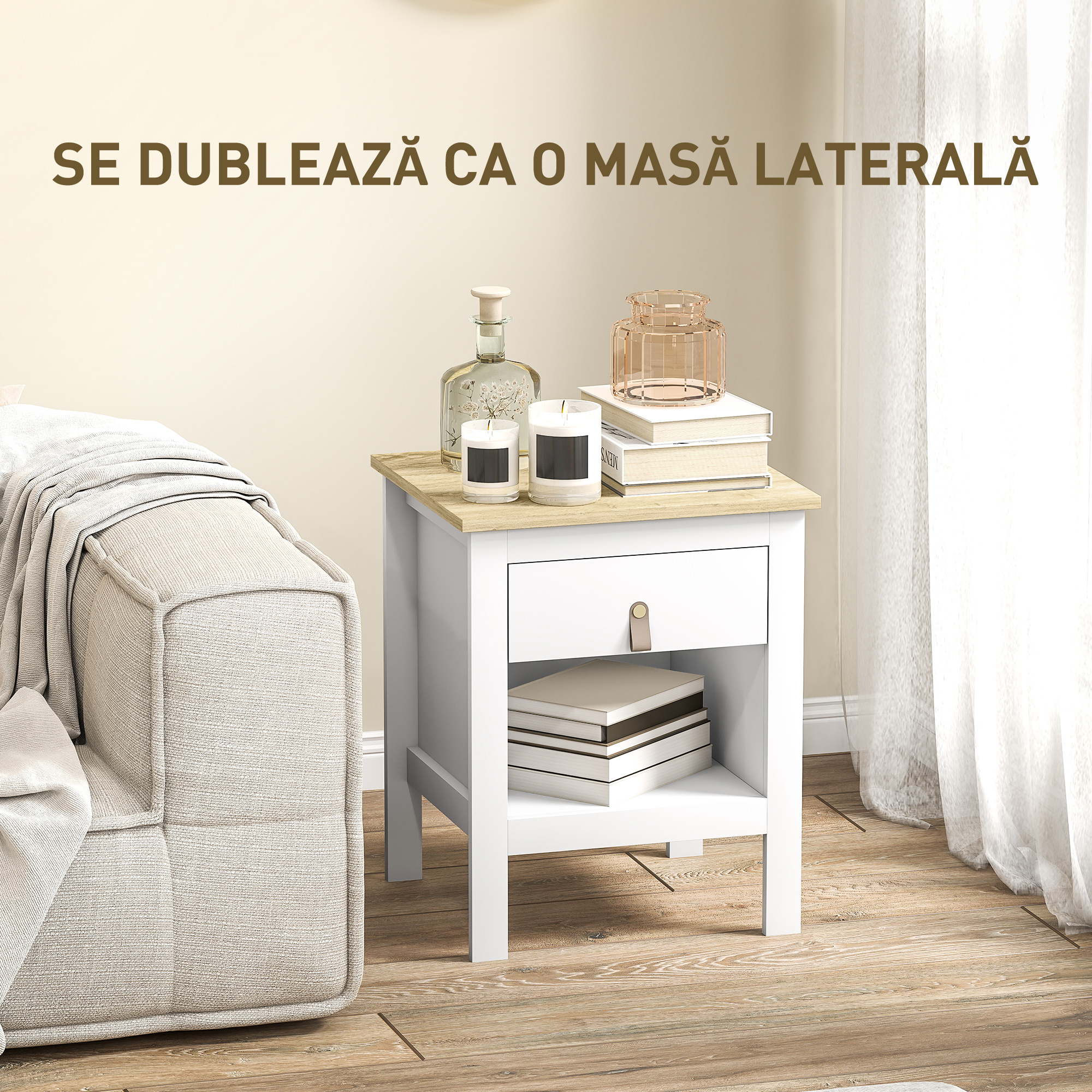  Set 2 Noptiere cu Sertar si Raft Deschis din Lemn, 45x40x55 cm, Alb si Stejar [5]