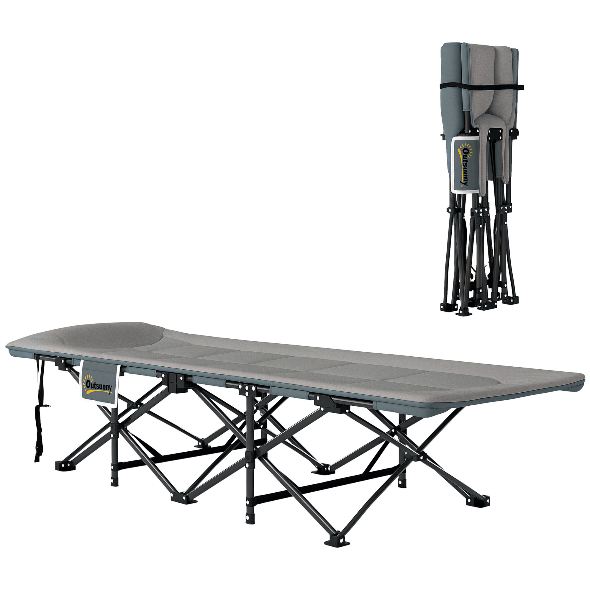 Outsunny Pat de Camping Pliabil cu Pernă Integrată și Buzunar Lateral, 187x67x37 cm, Gri | Aosom Romania