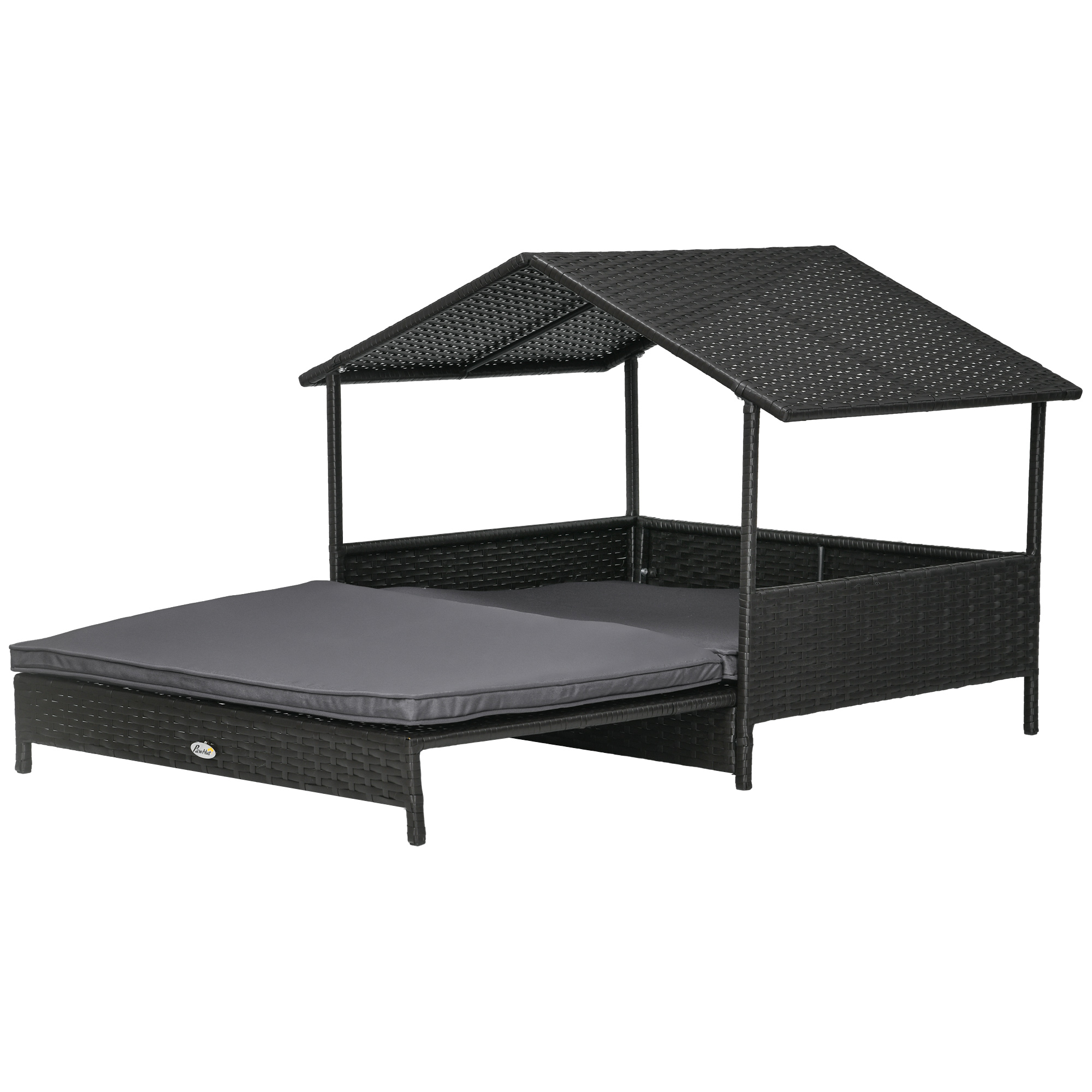 PawHut Extendable Elevated Dog Bed, Rattan Dog House, with Water-Resistant Roof, Removable Cushion, Charcoal Grey