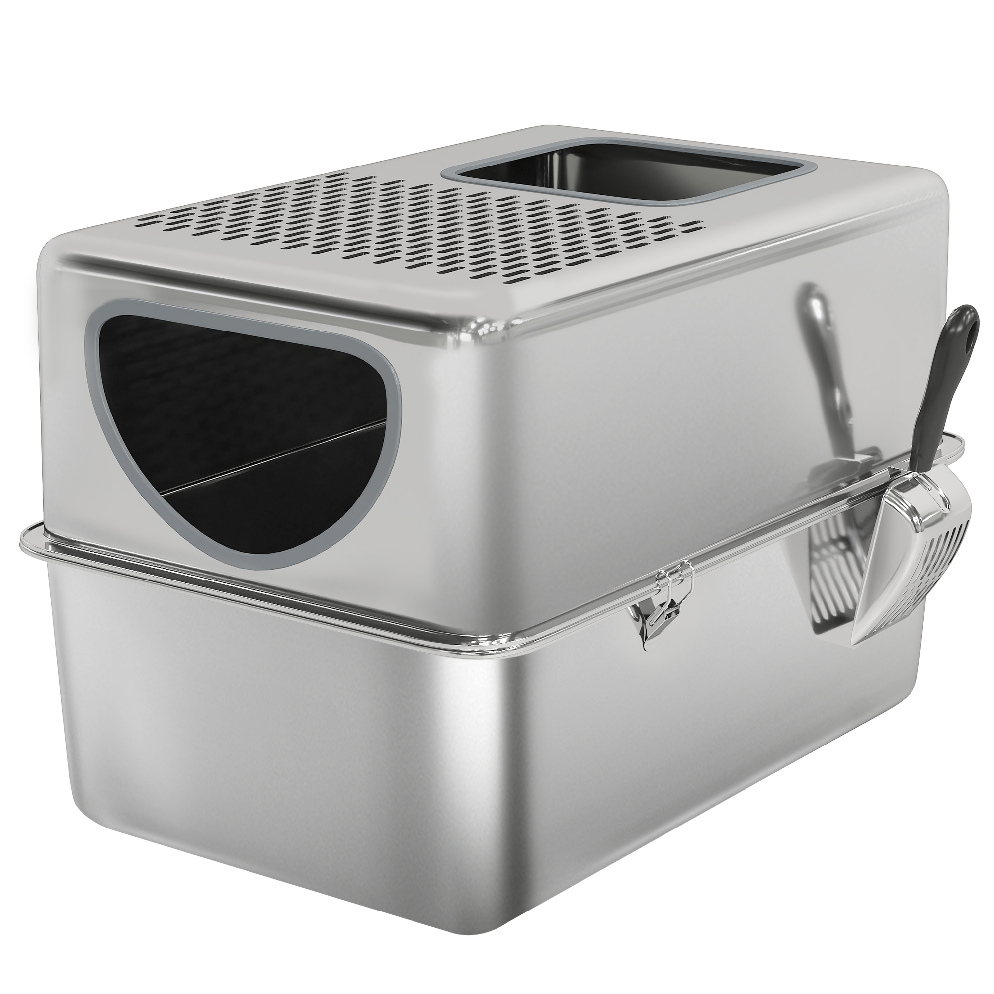 PawHut Arenero para Gatos de Acero Inoxidable XL Arenero con Pala Aberturas Dobles Fácil de limpiar Plata