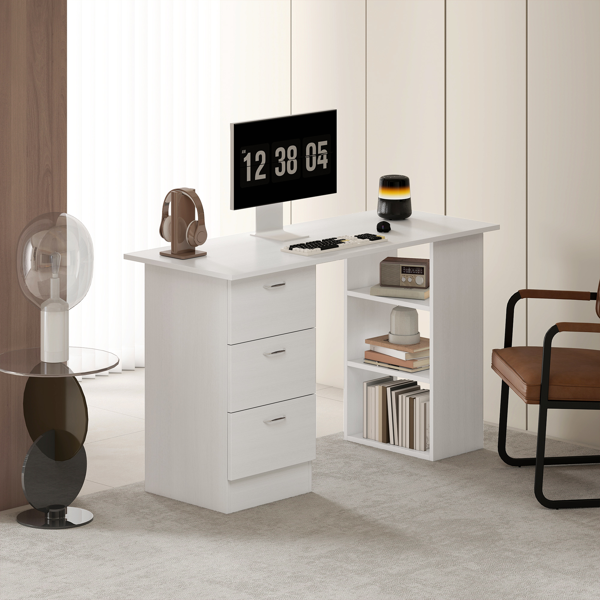 HOMCOM Computer Desk, Writing Table, PC Workstation with 3 Storage Shelves and Drawers, Silver Handle, for Home Office, White 8