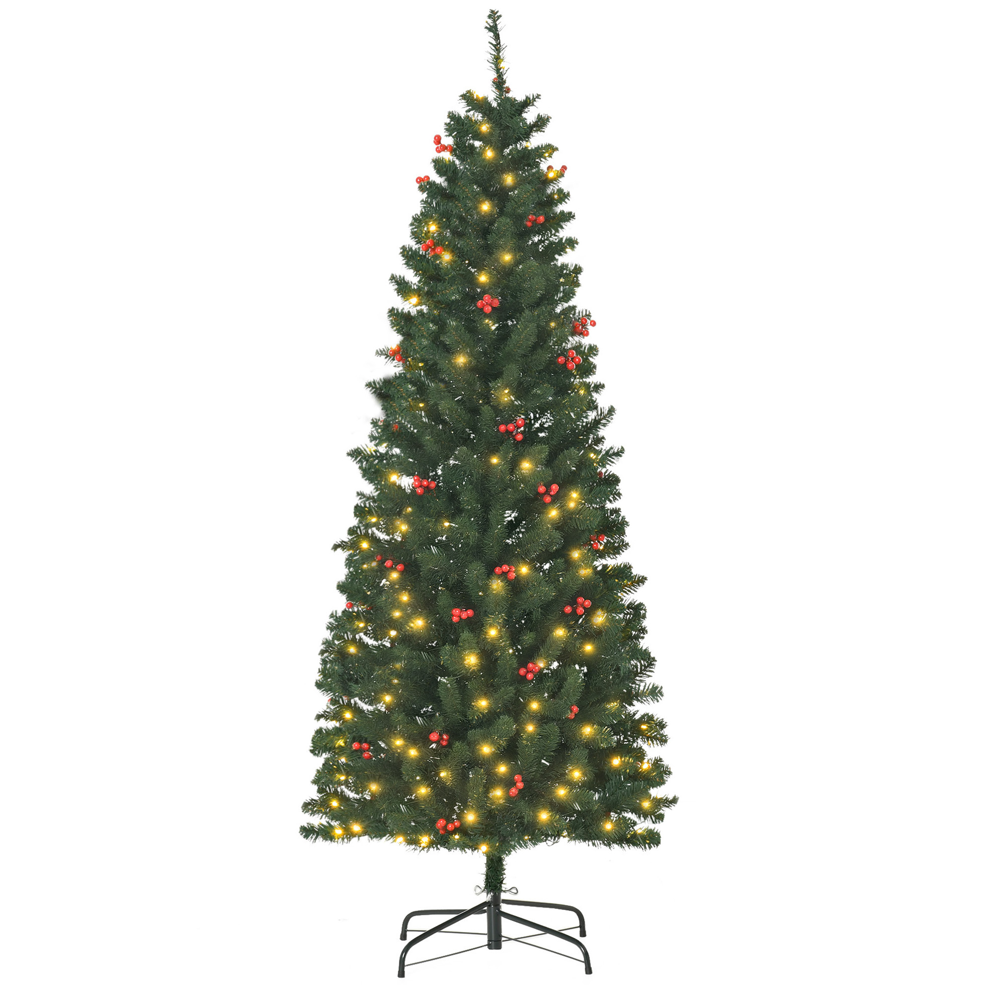 HOMCOM 6FT Prelit Artificial Pencil Christmas Tree with Warm White LED Light, Red Berry, Holiday Home Xmas Decoration, Green HOMCOM 6FT Prelit Artificial Pencil Christmas Tree with Warm White LED Light, Red Berry, Holiday Home Xmas Decoration, Green