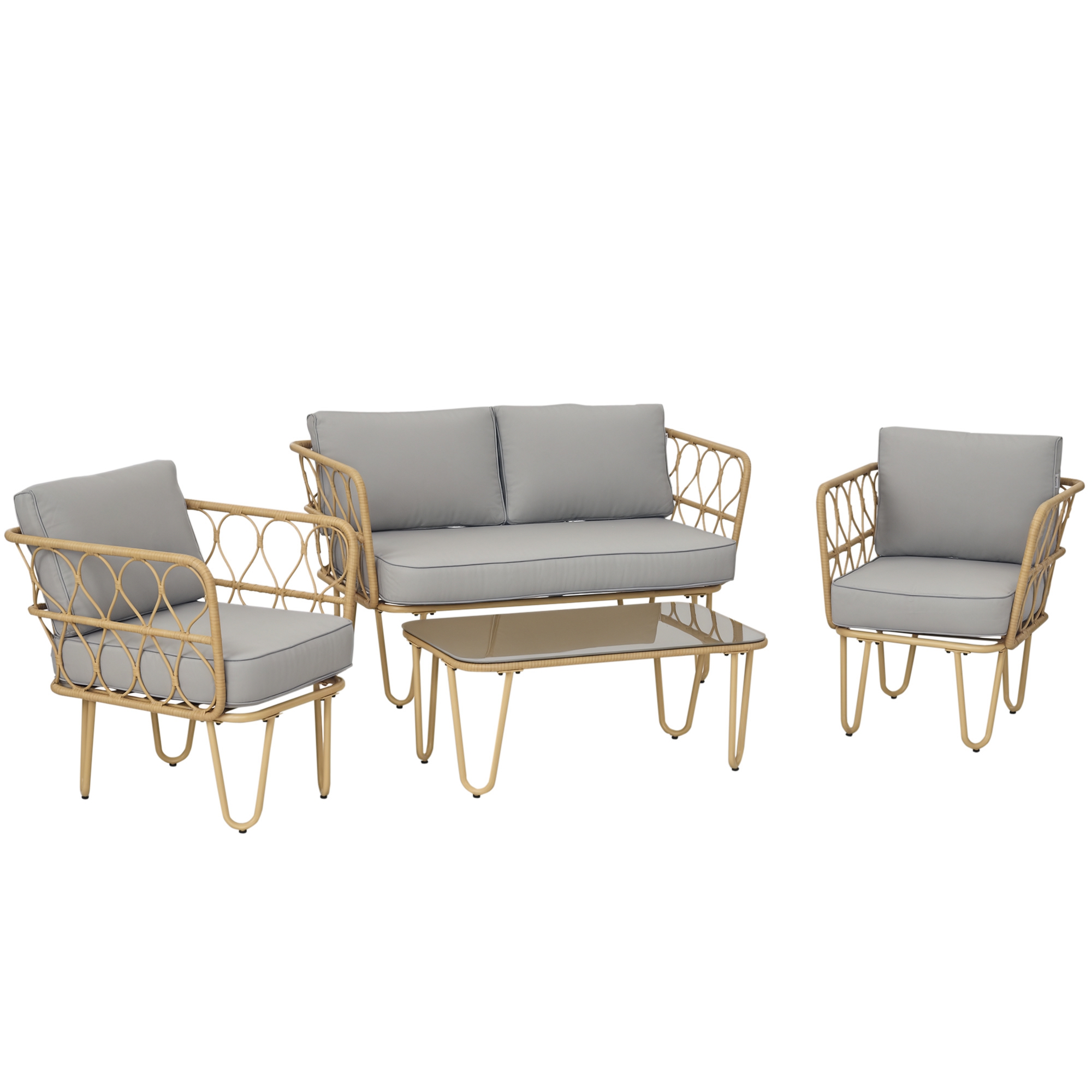 Outsunny Ensemble salon de jardin canapé 2 places + 2 fauteuils + 1 table basse plateau verre trempé 7 coussins beige