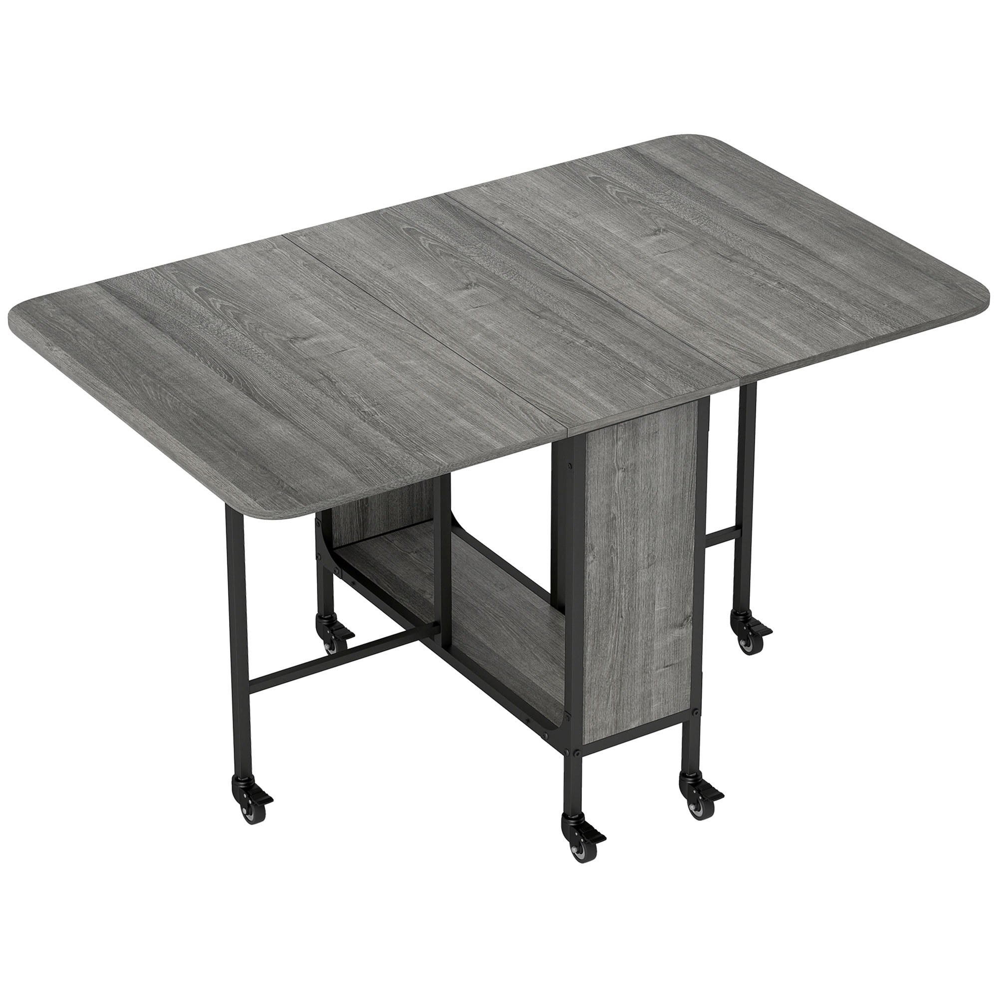 HOMCOM Masă Pliabilă, Rabatabilă pentru 4-6 Persoane cu Raft și 6 Roți, din Lemn și Metal, 130x80x74 cm, Gri | Aosom Romania