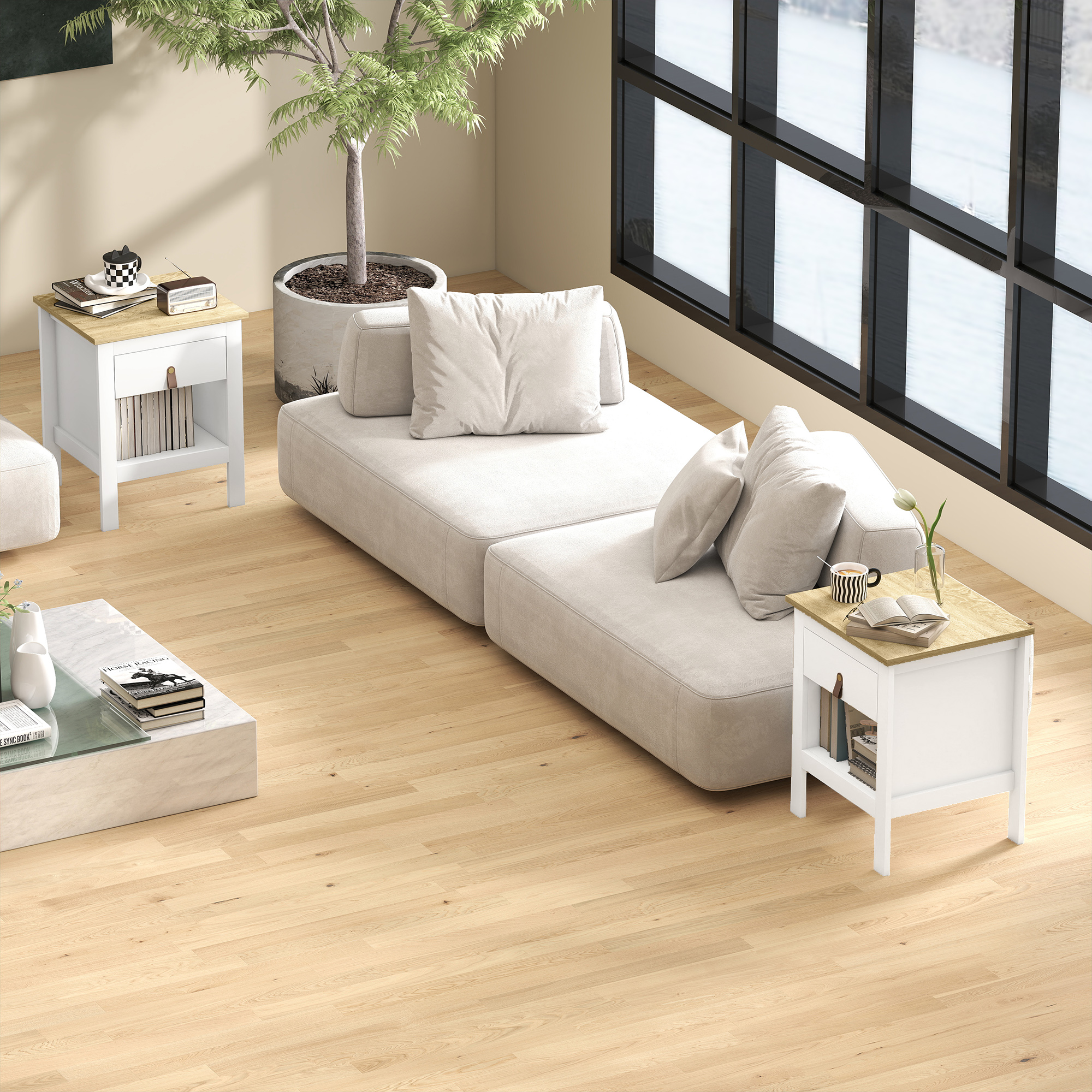  Set 2 Noptiere cu Sertar si Raft Deschis din Lemn, 45x40x55 cm, Alb si Stejar [7]