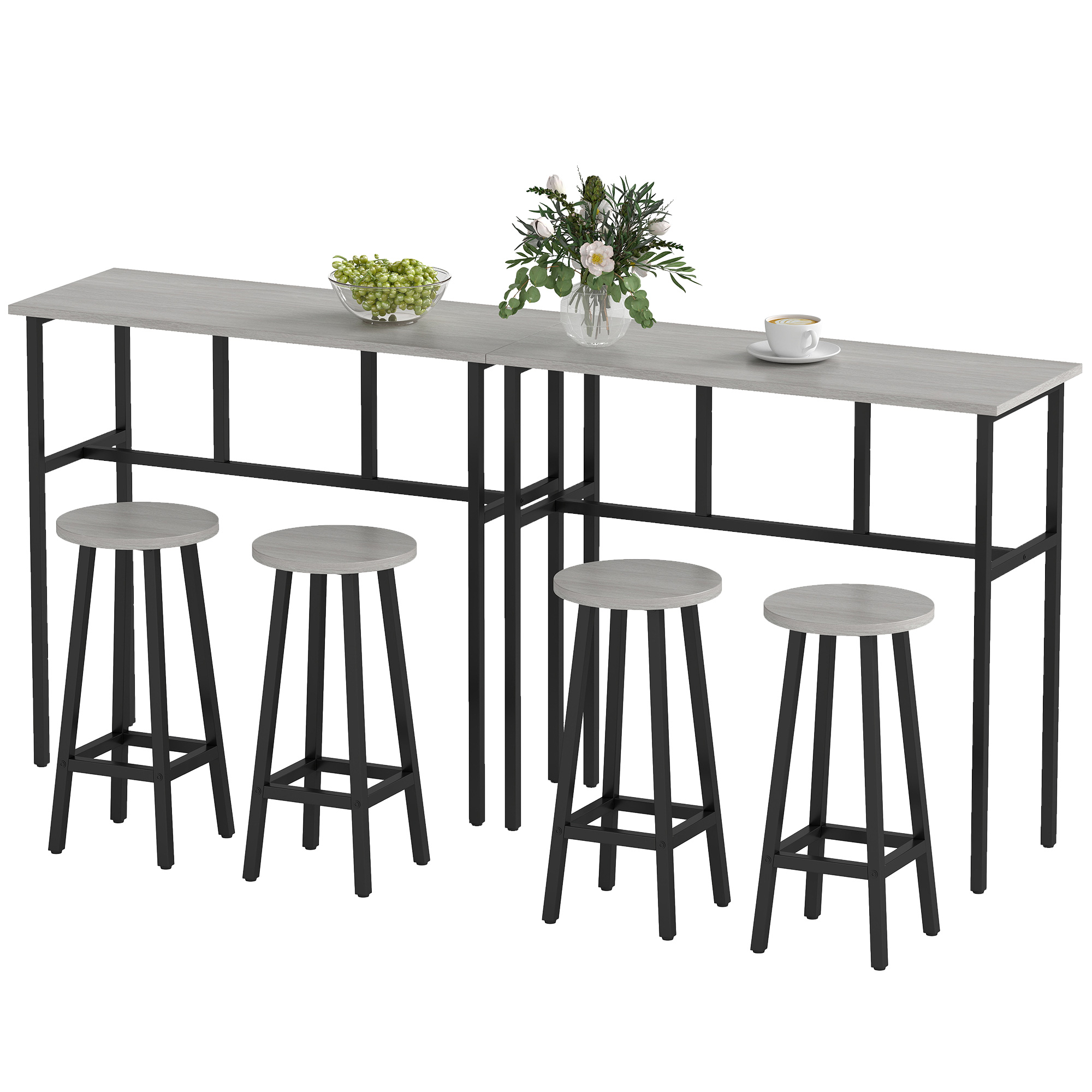 HOMCOM Set da Bar 6 Pezzi con 4 Sgabelli da Bar e 2 Tavoli Alti in Legno Truciolato e Acciaio per Cucina e Soggiorno, Grigio HOMCOM Set da Bar 6 Pezzi con 4 Sgabelli da Bar e 2 Tavoli Alti in Legno Truciolato e Acciaio per Cucina e Soggiorno, Grigio