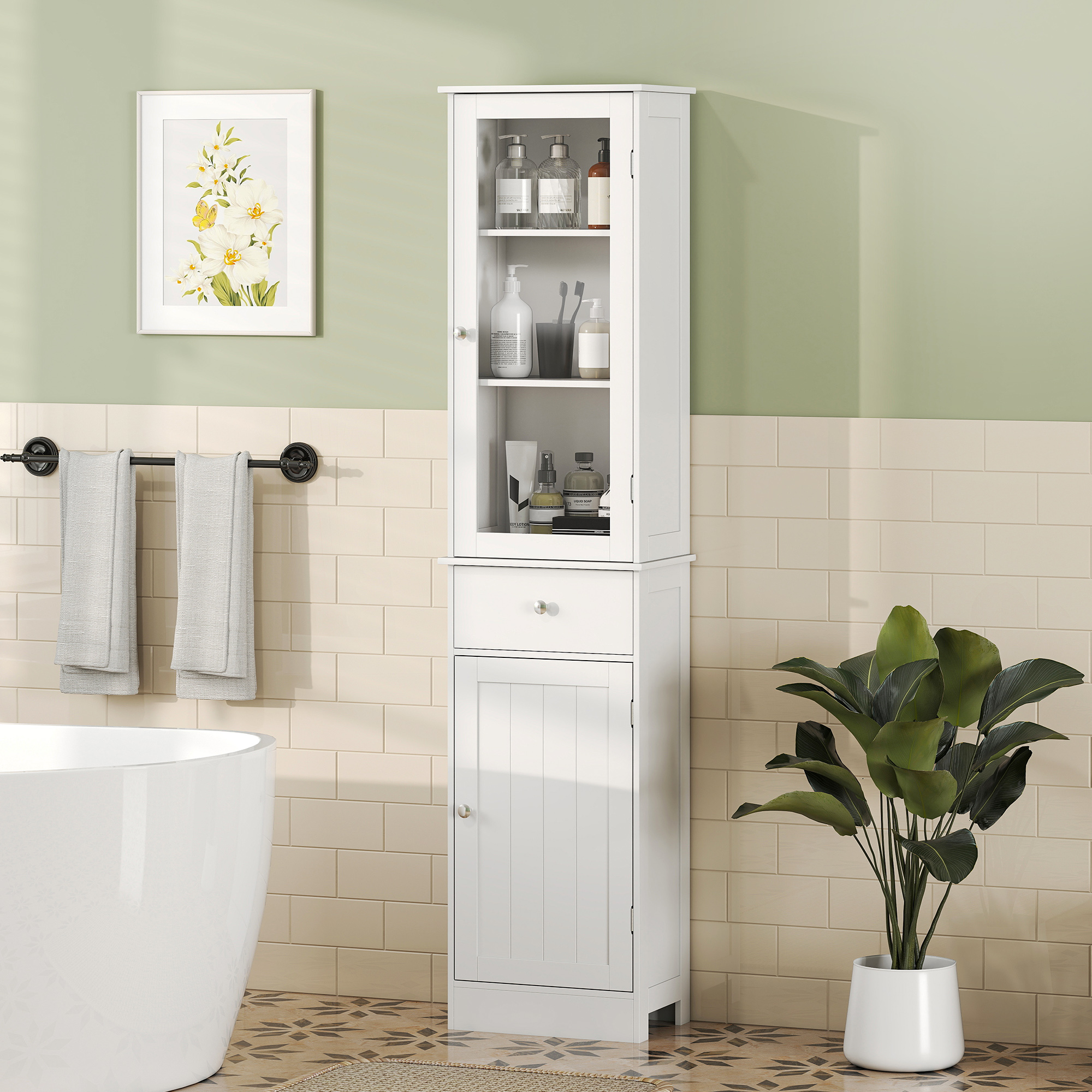 Kleankin Colonnina Bagno Alta 165 Cm – Mobile 5 Ripiani Regolabili, Apertura A Pressione, Bianco - 3