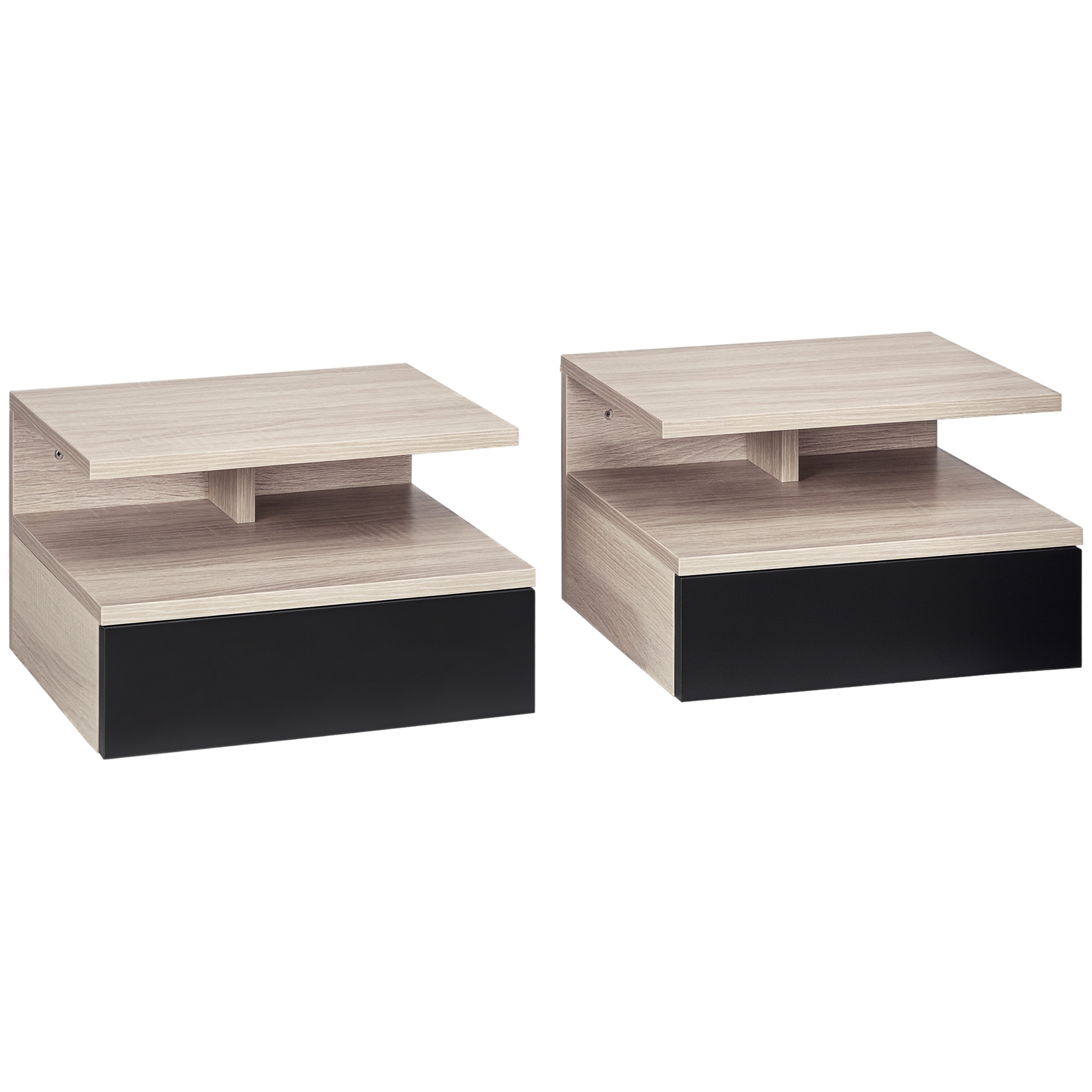 Lot de 2 Tables de Chevet murales - Lot de 2 Tables de Nuit - tiroir Coulissant, Niche, Plateau - Noir Chêne