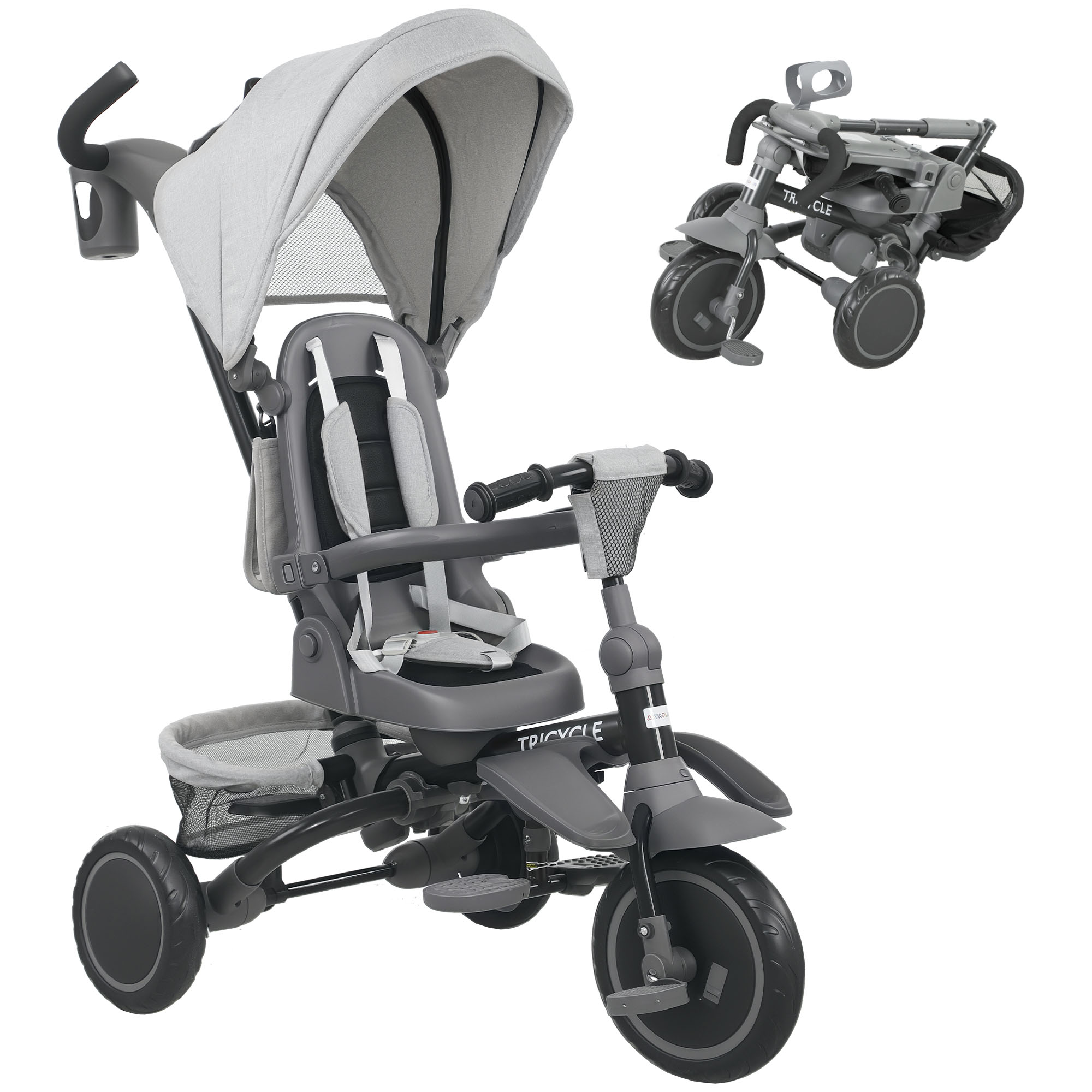 Image of AIYAPLAY Triciclo Evolutivo 6 in 1 Pieghevole Seggiolino Girevole a 360° Maniglia Genitoriale Schienale Reclinabile Tettoia Grigio Aosom Italy006