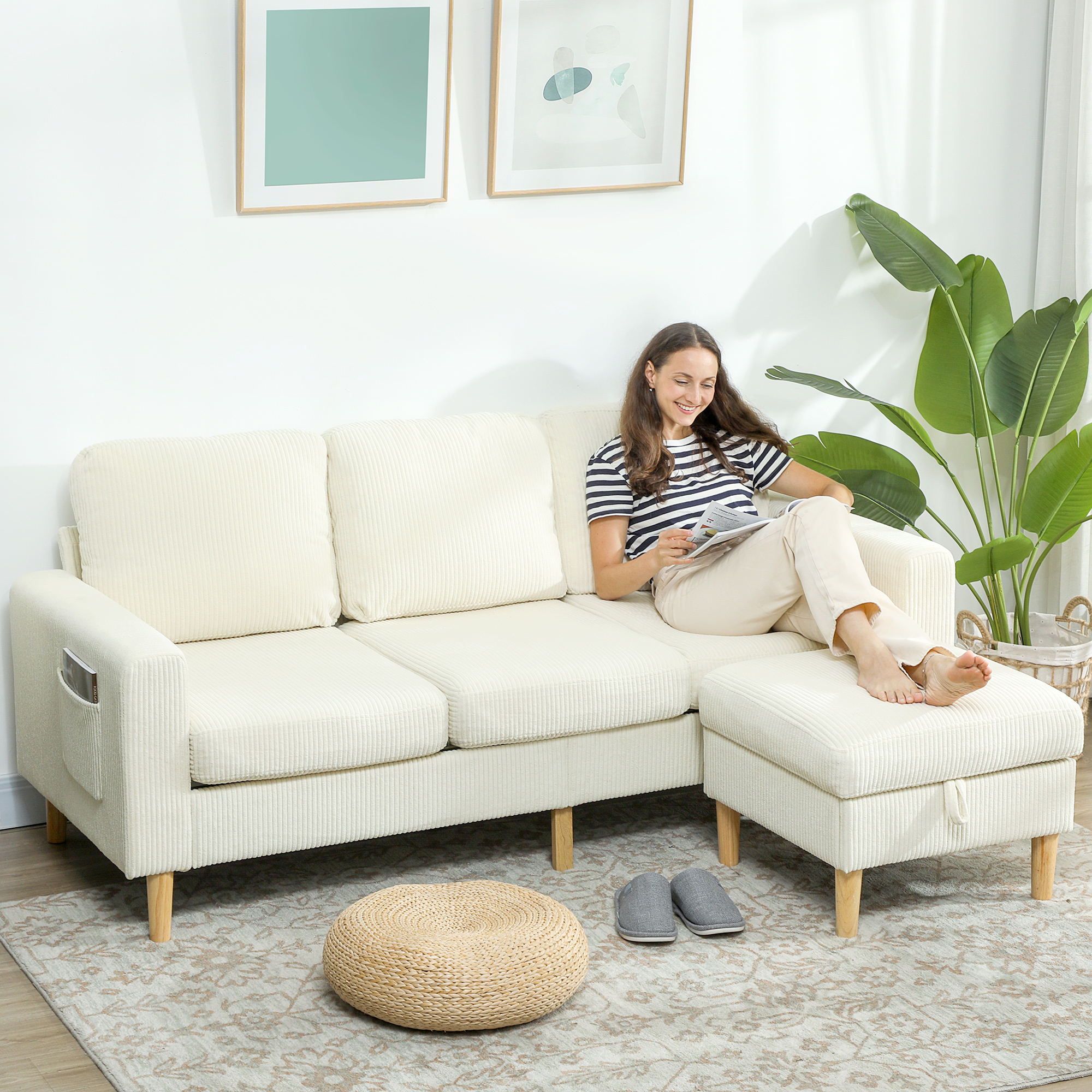 HOMCOM 3-Sitzer-Sofa mit Hocker, Rippenvelours-Sofa 192 cm, modernes Design günstig online kaufen
