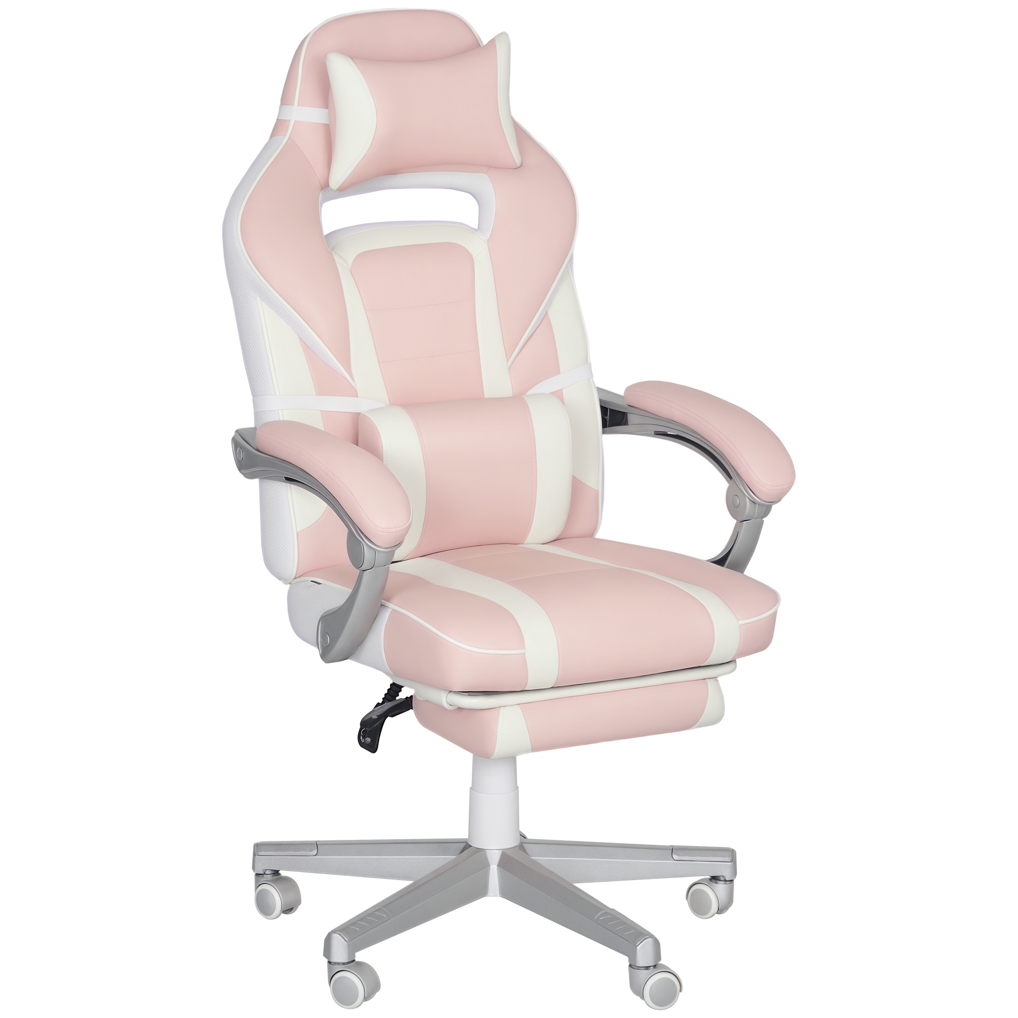 HOMCOM Silla Gamer Reclinable con Altura Ajustable Reposapiés Retráctil Soporte Lumbar y Reposacabezas Desmontable Rosa