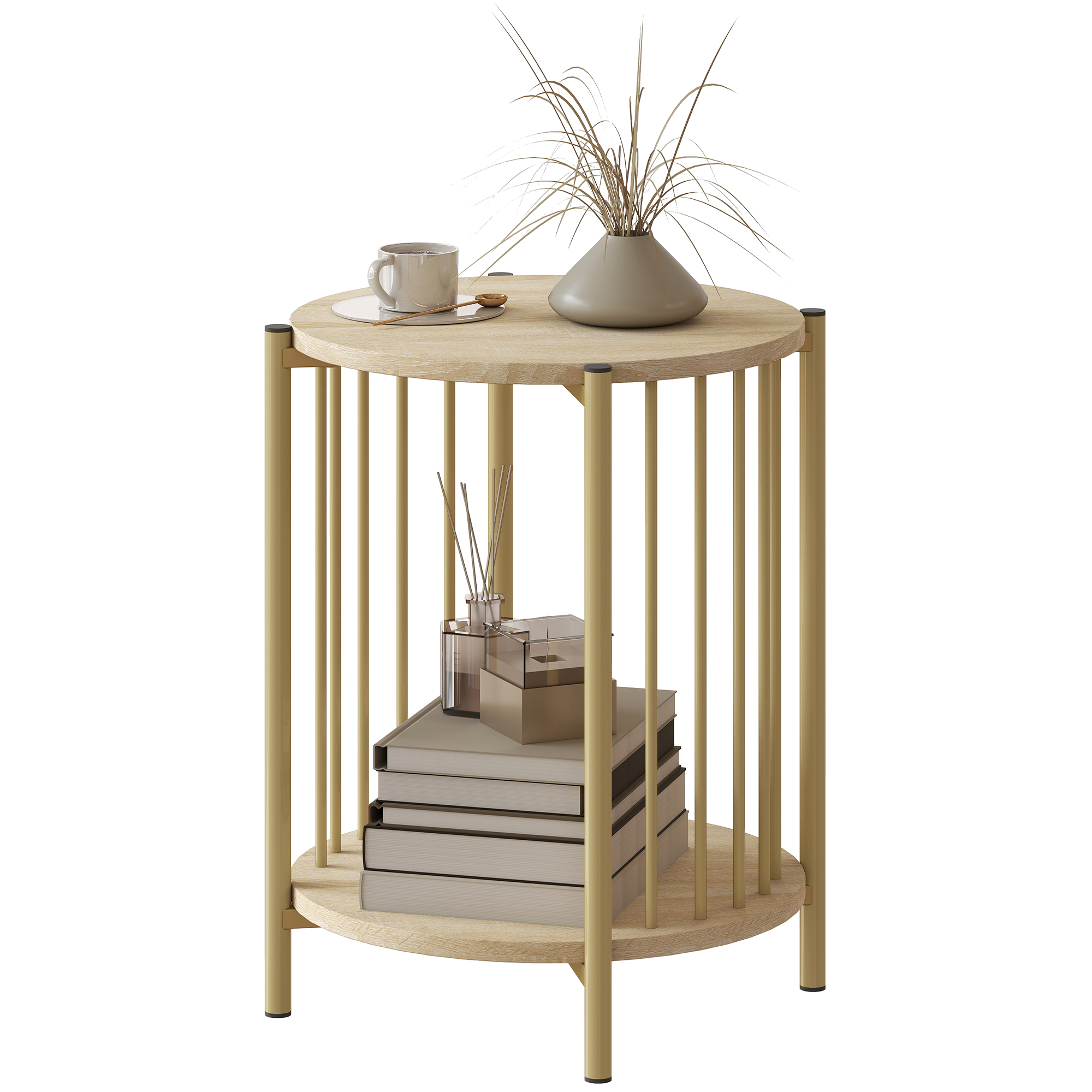HOMCOM Table d'appoint, bout de canapé à 2 niveaux avec étagère de rangement et cadre en acier, Ø 41 x 49 cm effet bois naturel