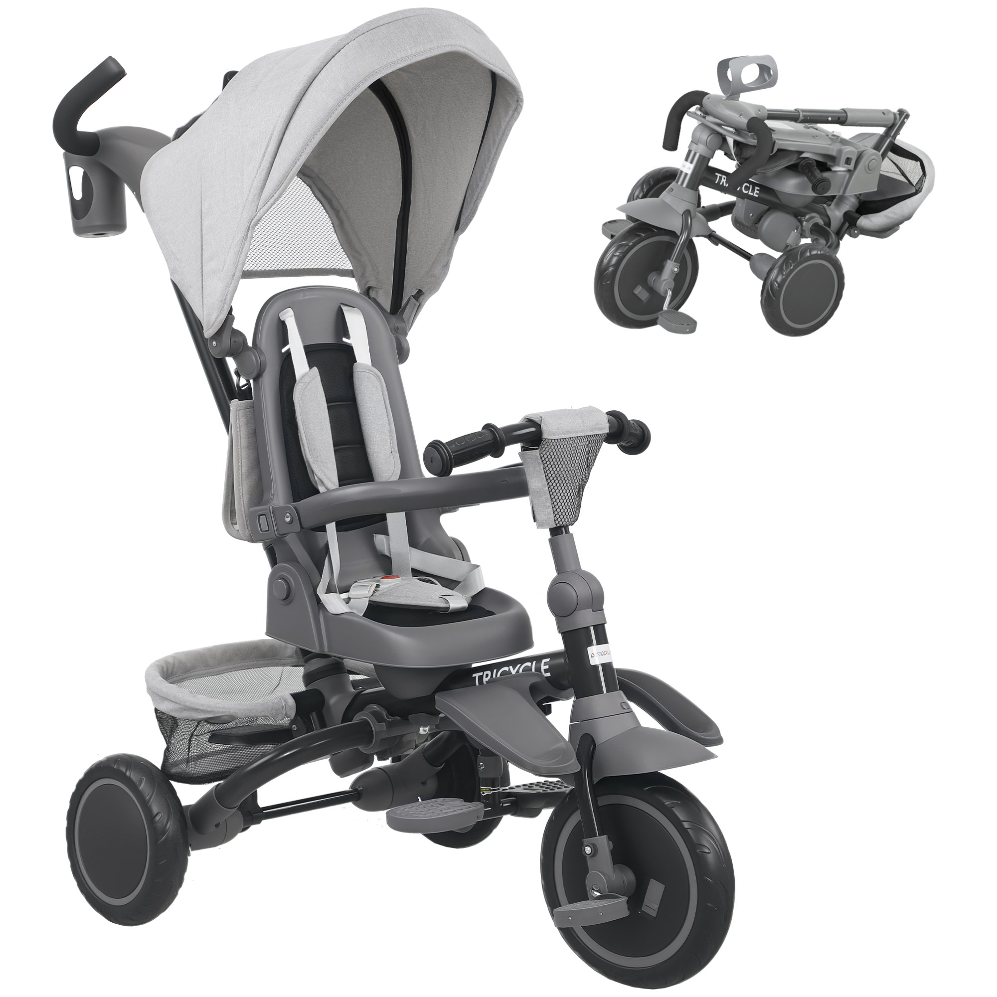 AIYAPLAY Triciclo Evolutivo 6 en 1 Plegable Asiento Giratorio de 360° Mango Parental Respaldo Reclinable Toldo Gris