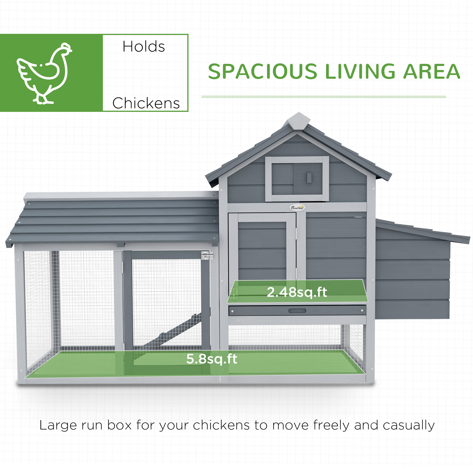 PawHut Small Chicken Coop with Run Hen House Poultry Coops Cages Nesting Box Grey 150.5 x 54 x 87cm 4