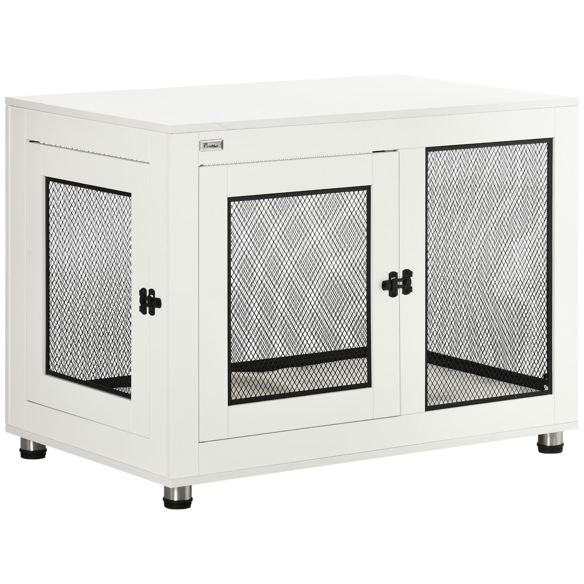 Comparer les prix de Cage pour chien sur pied style industriel - 2 portes verrouillables, coussin inclus - acier maillé noir panneaux aspect bois blanc