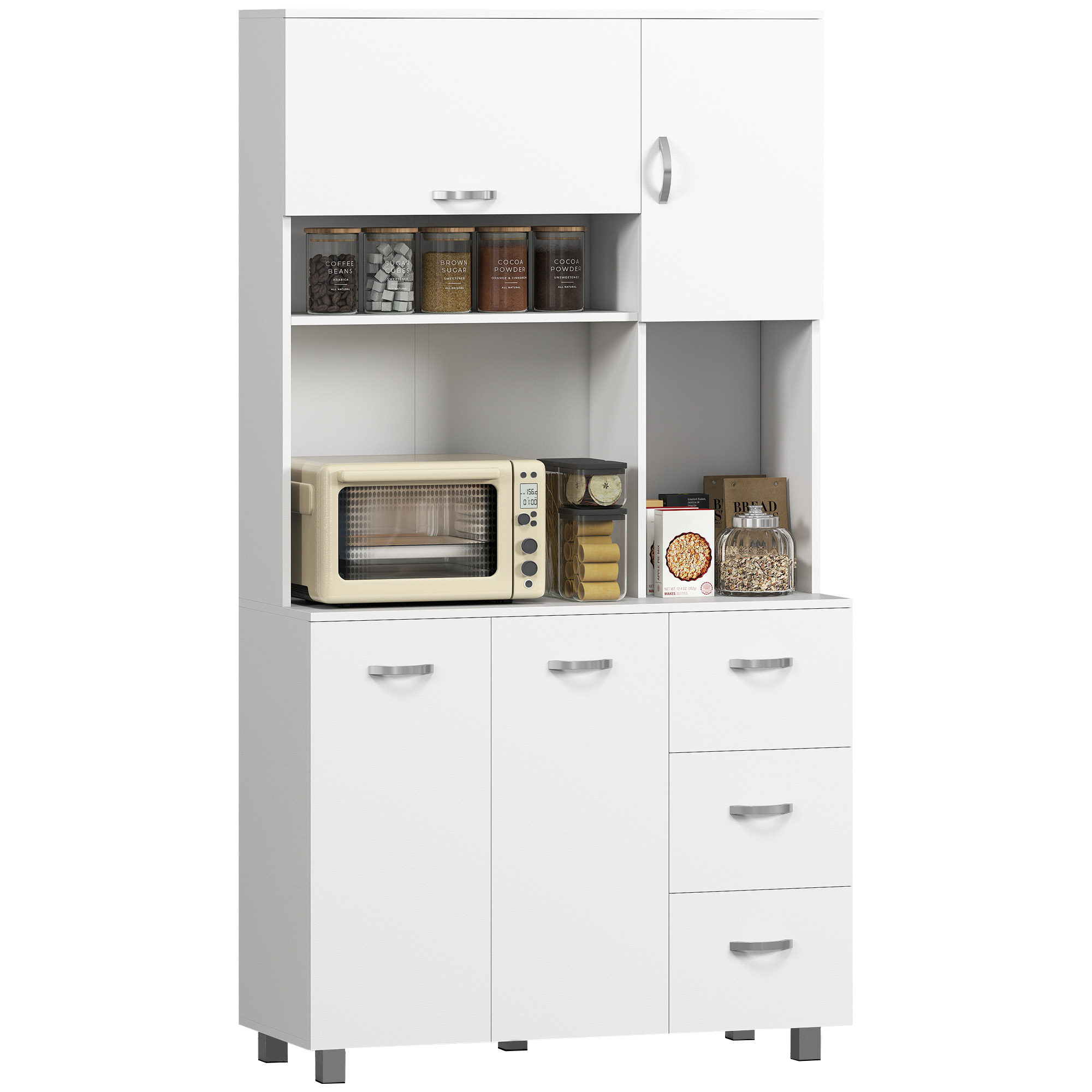 Homcom White Freestanding Kitchen Storage Unit W/ Cupboard Cabinets Open Compartments Drawers Metal Handles Side Shelf Server Organisation Furniture