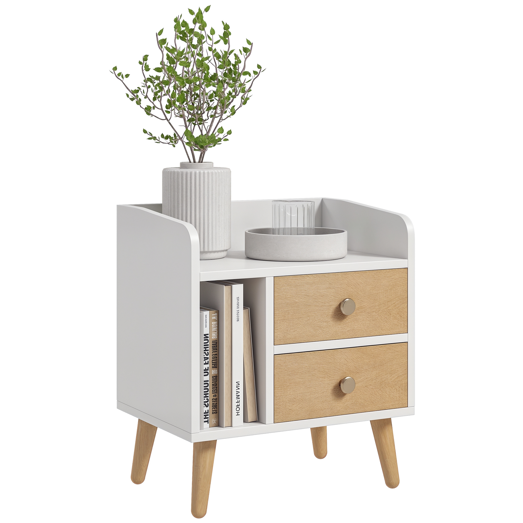 HOMCOM Table de chevet table de nuit design scandinave 2 tiroirs + niche pieds effilés inclinés bois massif de pin 43 x 30 x 49 cm