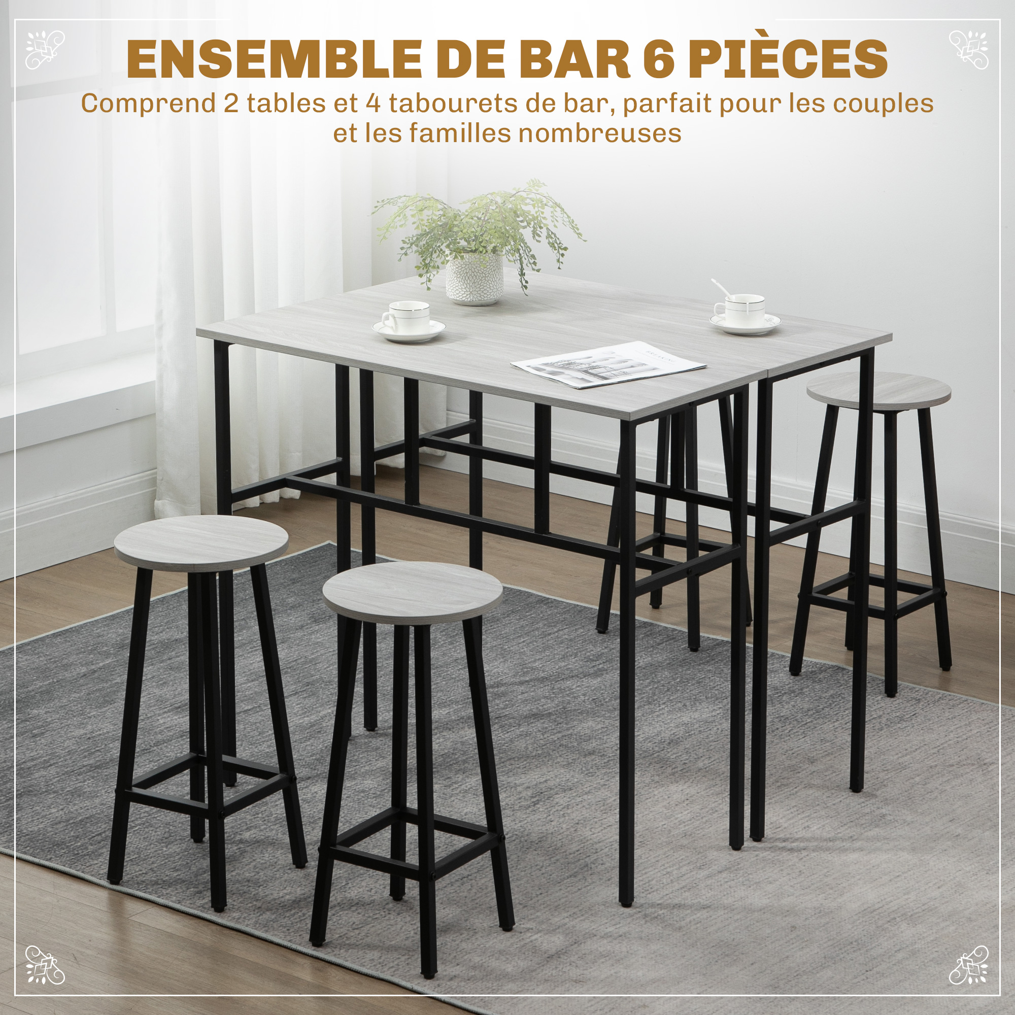 Set Table De Bar Industriel HOMCOM 6 Pièces - 2 Tables Hautes Et 4 Tabourets - Acier Et Panneaux De Particules - Pour 4 Personnes