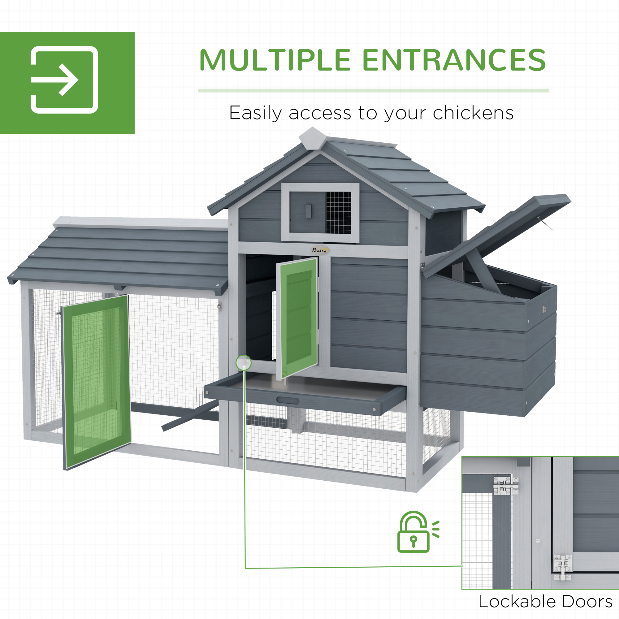 PawHut Small Chicken Coop with Run Hen House Poultry Coops Cages Nesting Box Grey 150.5 x 54 x 87cm 5