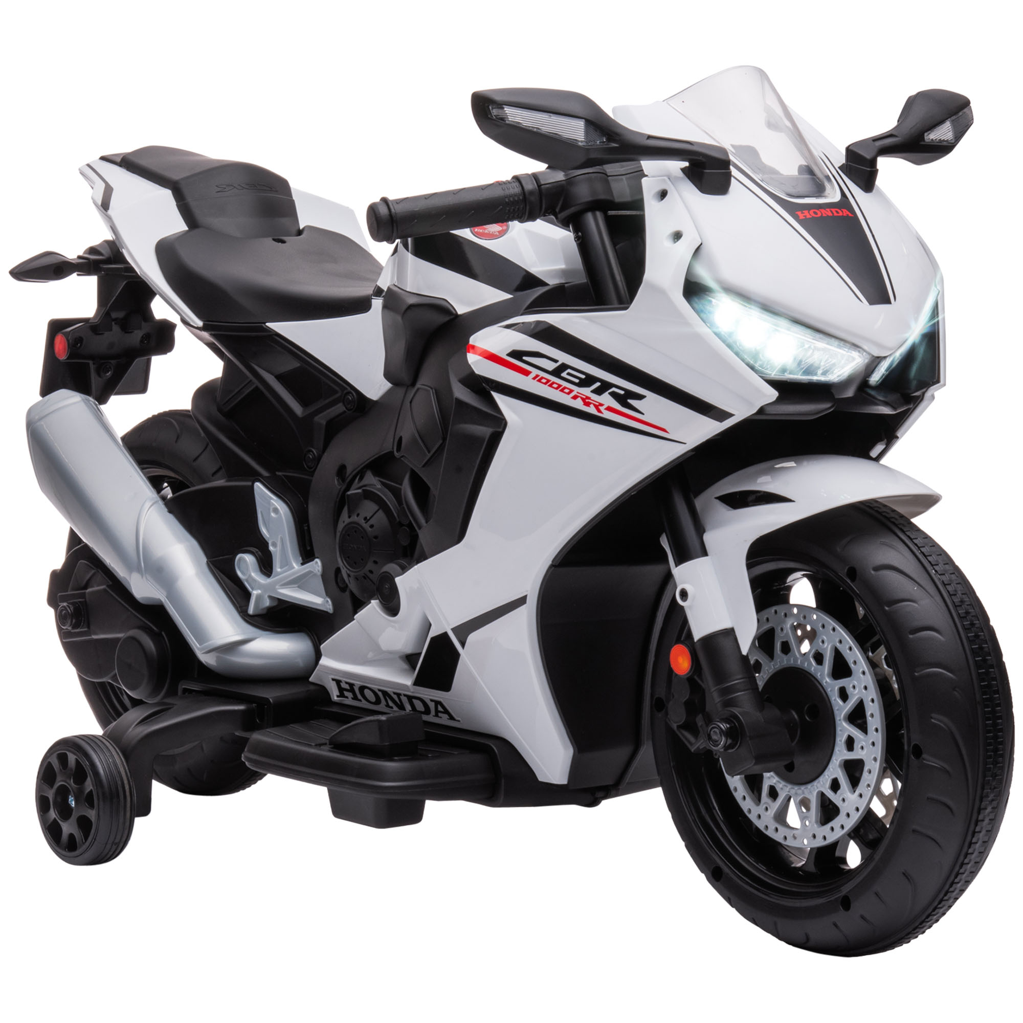 HOMCOM Moto Eléctrica Infantil con Licencia HONDA para Niños 3-5 Años Faros Bocina Música Ruedas Auxiliares 90x44x52 cm Blanco | Aosom España