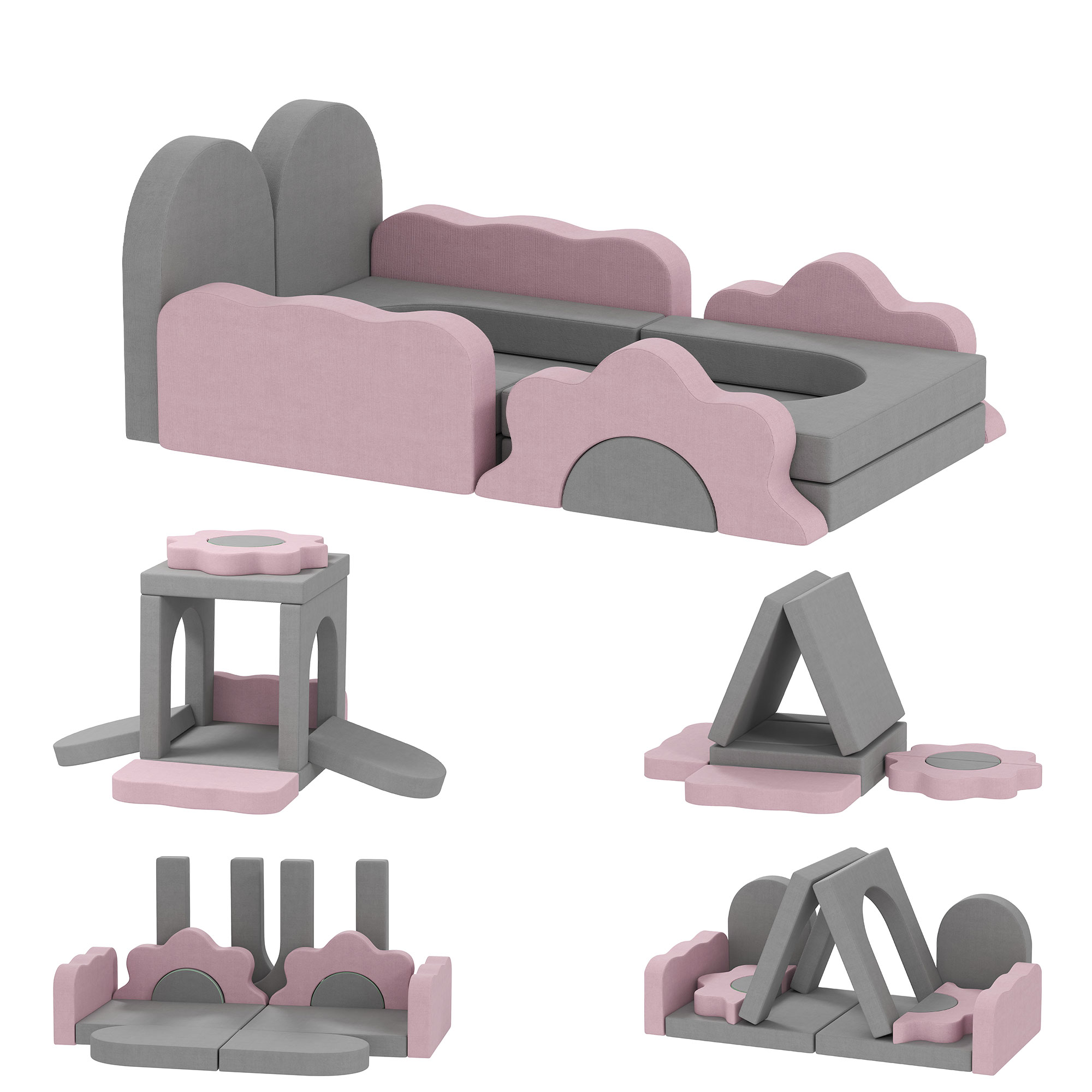 AIYAPLAY Set de 12 Bloques de Espuma para Escalar, Construir, Gatear, Alfombrillas de Juego para Interiores con Revestimiento de Cordón, Gris+Rosa