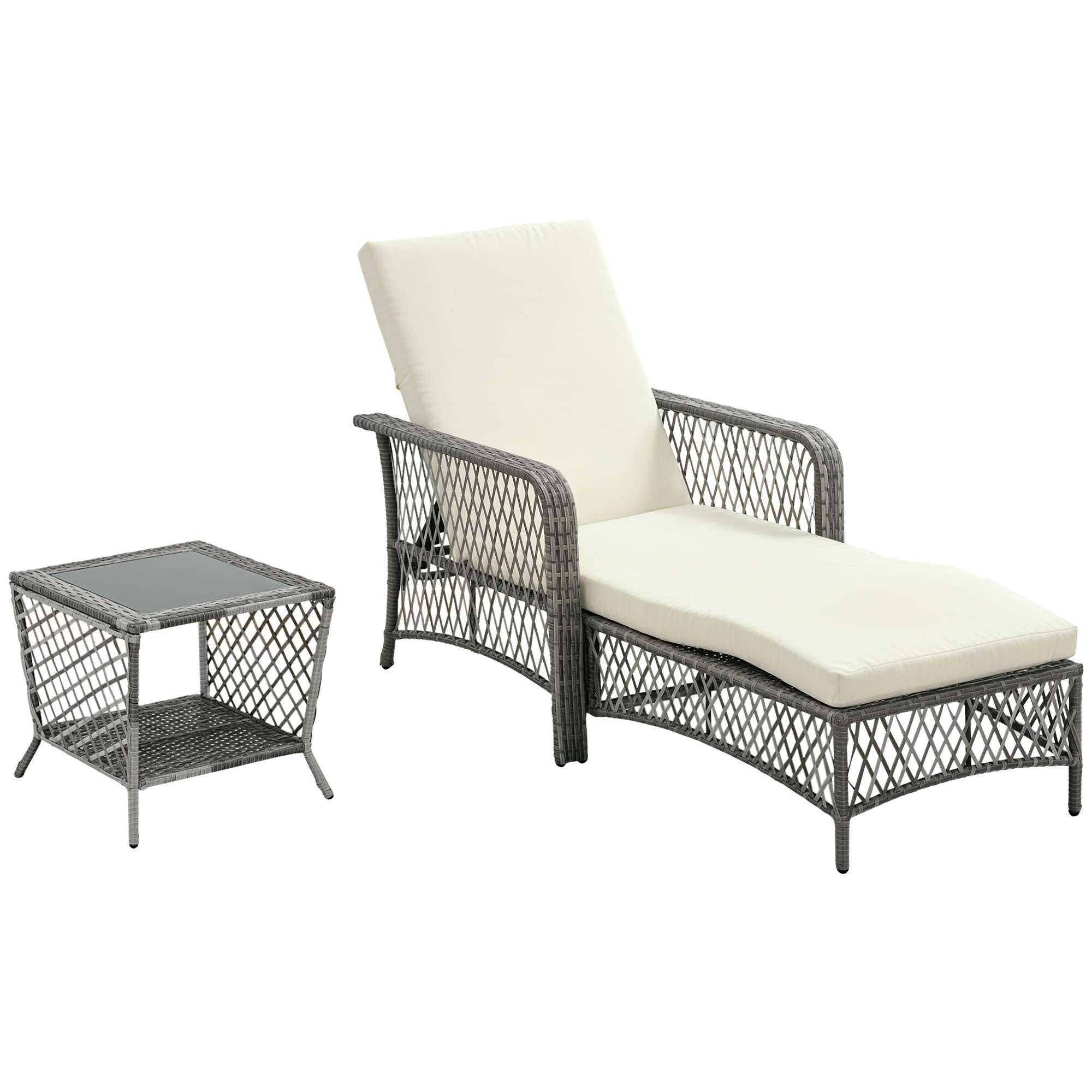 Outsunny Set 2 Lettini Prendisole Con Schienale Regolabile Su 5 Posizioni, Tavolino Laterale E Braccioli Ergonomici, In Polipropilene Bianco Effetto Legno, 79x158x88 Cm