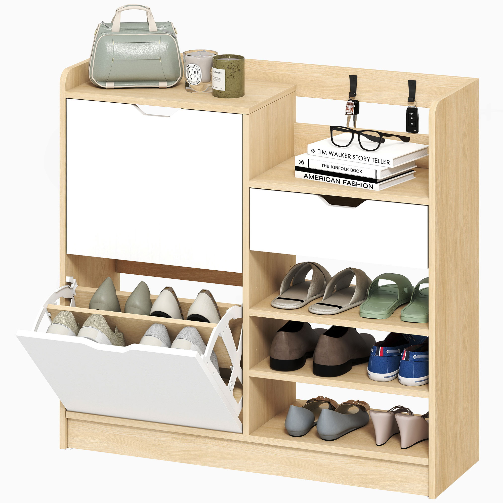 HOMCOM Range-chaussures pour Hall d'entrée, Meuble à Chaussures avec Tiroirs Pliants, Étagères Ouvertes, 4 Crochets, pour jusqu'à 14 Paires de Chaussures, Blanc