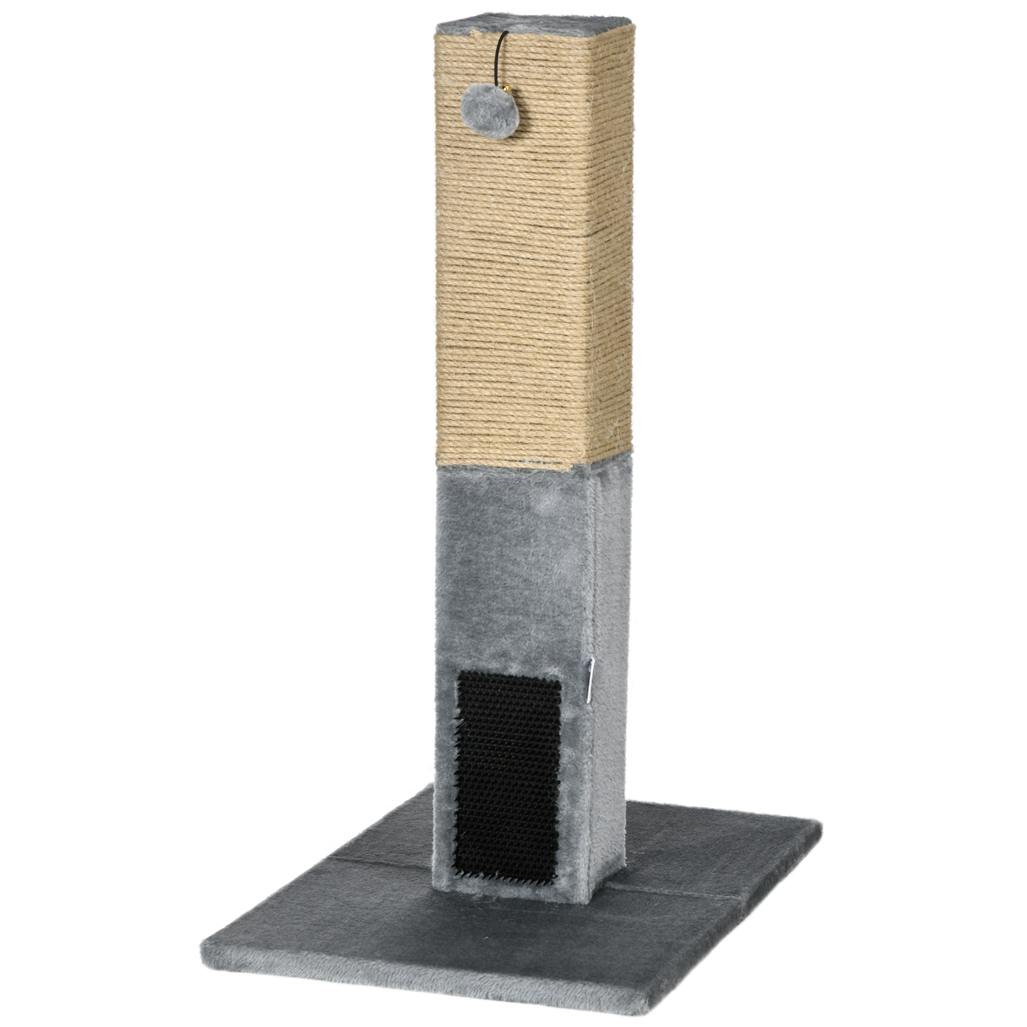 PawHut Poteau à gratter pour chat griffoir pour chat balle avec clochette 2 brosses de toilettage 59,5 x 39 x 79 cm beige gris